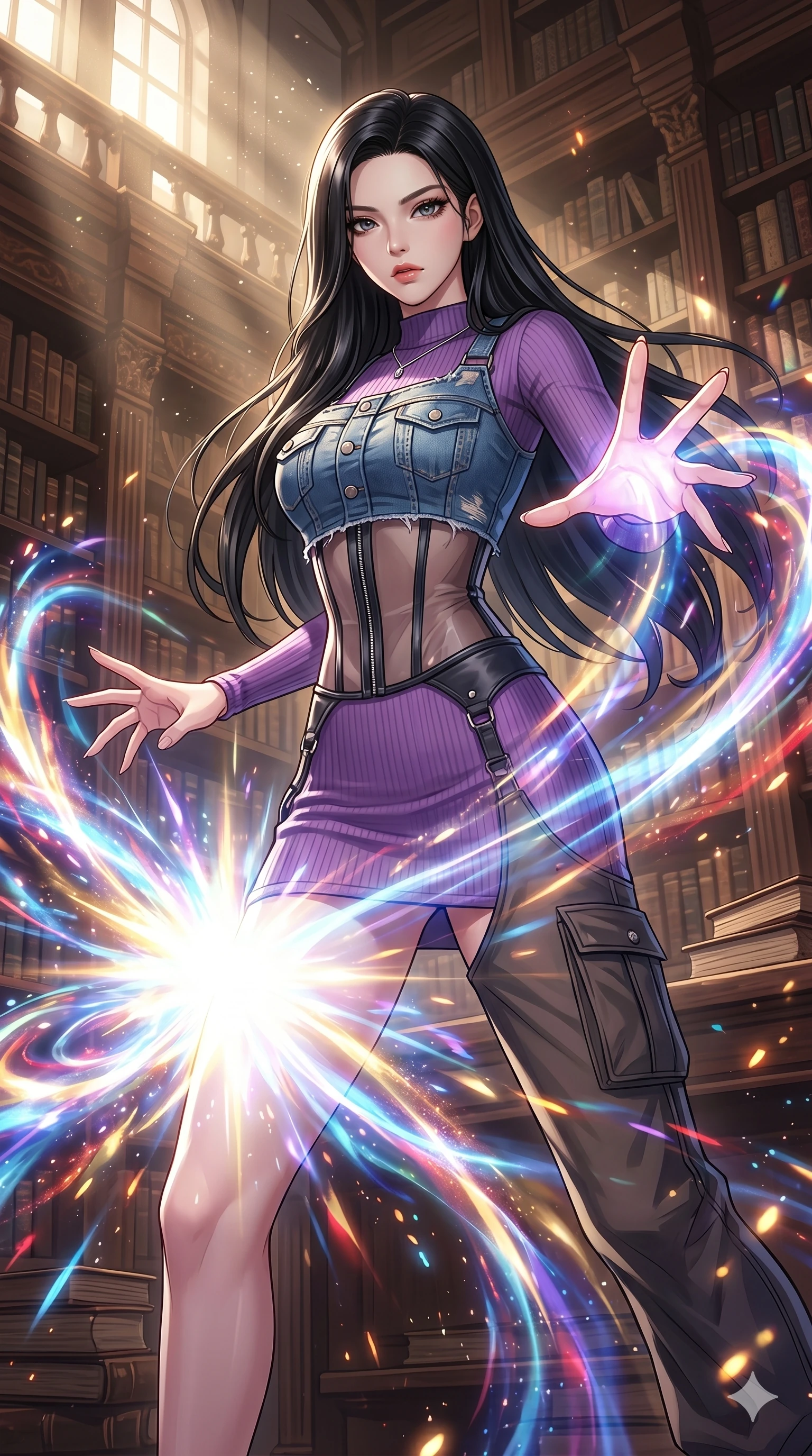 score_9, masterpiece, best quality, ultra-detailed, High-budget Anime Keyframe, beautiful Korean anime girl. Low angle cowboy shot filling the entire 9:16 frame with her overwhelming presence. Casting a powerful energy spell that creates a shockwave of colorful light in an ancient sunlit library. She has an absolutely perfect 8-heads proportion, an exceptionally tall and slender female figure with impossibly long slender legs and an ultra-slim waist. Sharp v-shaped jawline, high-bridge nose, intricate jewel-like eyes with depth, thick eyelashes, glossy lips with a natural sheen. Wearing a Urban Trendsetter outfit: amethyst ribbed bodycon dress, crop top with high-waist denim, sheer corset with cargo pants. Background is a bright and colorful environment with cinematic lighting, dynamic particle effects, and high-contrast shadows. 2k, ultra detail, master piece, 9:16 ratio