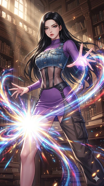 score_9, masterpiece, best quality, ultra-detailed, High-budget Anime Keyframe, beautiful Korean anime girl. Low angle cowboy shot filling the entire 9:16 frame with her overwhelming presence. Casting a powerful energy spell that creates a shockwave 