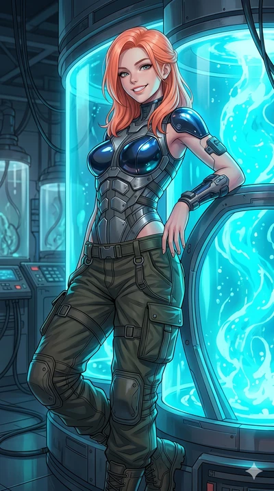 score_9, masterpiece, best quality, ultra-detailed, high-budget anime keyframe, Japanese woman. Upper body close-up from the thighs up, character filling the screen for maximum presence. Standing next to a glowing bio-reactor tank, leaning against th