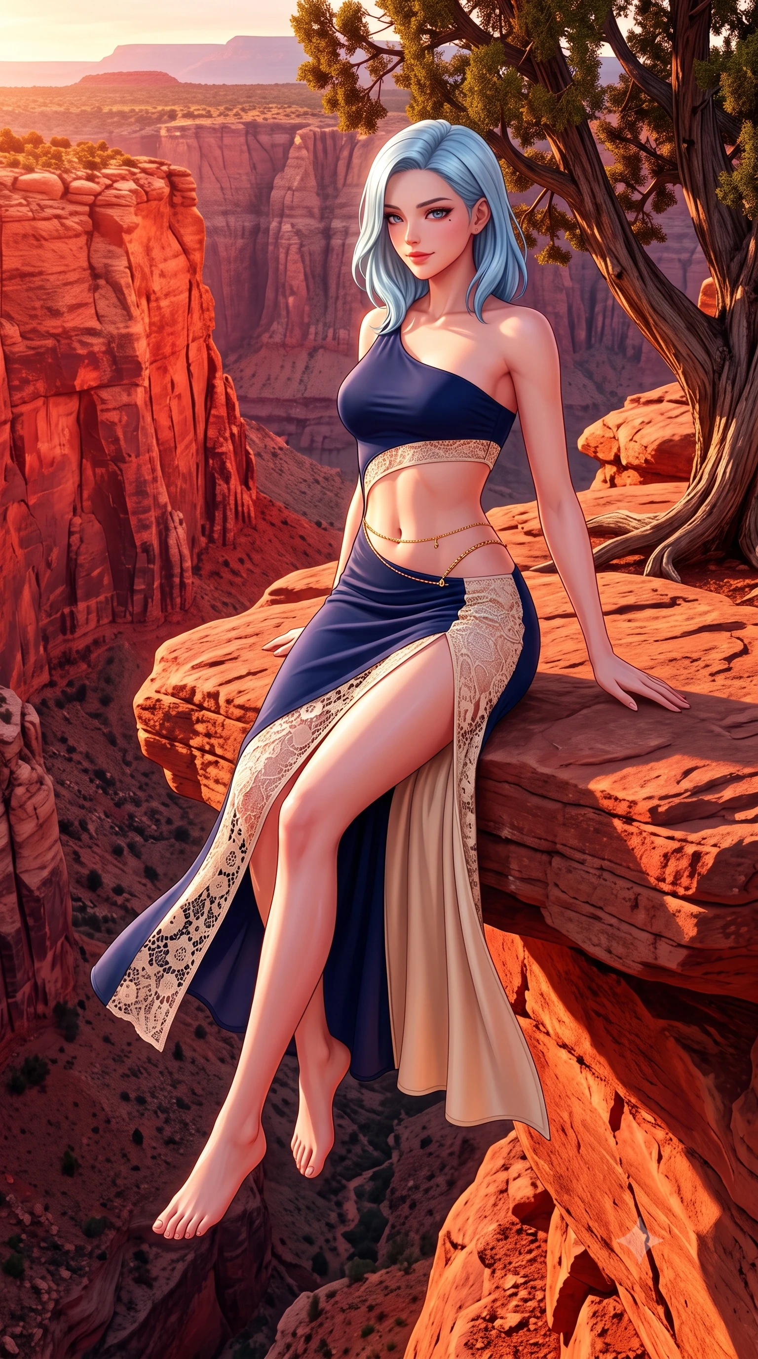 score_9, masterpiece, best quality, ultra-detailed, high-budget anime keyframe, semi-realistic 3D game render, editorial fashion photography, tasteful artistic composition, Korean woman. low angle full-body shot from head to toe showing her feet, filling the entire 9:16 vertical frame with her statuesque presence, stretching her vertical silhouette. executing a slow, graceful pivot turn as her skirt sways around her slender legs, glancing back with an enchanting, teasing sensual expression while lounging on the flat rock shelf with legs dangling gracefully over the canyon edge, displaying her long slender limbs with athletic poise. The surrounding environment is rendered in vivid detail and crisp panoramic clarity: sharp red sandstone rock grain, juniper tree bark, and canyon cliff relief in deep focus. She has an absolutely perfect, statuesque 8.5-heads proportion, an exceptionally tall and slender model-like female figure with impossibly long slender legs, an ultra-slim waist, a flat toned midriff, narrow delicate ribcage, and beautifully sculpted feminine hips creating a graceful, slim hourglass silhouette without any bulky heaviness. sharp v-shaped jawline, high-bridge nose, sparkling eyes with hypnotic seductive depth, thick curled eyelashes, glossy parted lips with a natural dewy peach sheen, alluring bedroom-eyes with an enchanting coquettish smile, exuding magnetic siren charisma and sophisticated glamour, flawlessly proportioned anatomical accuracy, strict slender model proportions, natural body alignment, perfectly sculpted long slender limbs, ultra-slim waistline, clean dynamic posture without body distortion. wearing an asymmetric one-shoulder liquid jersey resort gown with dramatic hip-high slit and waist cutout in French Riviera navy blue and warm champagne ivory, made of delicate semi-sheer crochet lace with intricate openwork floral knit, accented with a dainty gold belly chain resting across her flat midriff and curving hips, the glove-like clinging cut tightly following the natural contour of her hips and long slender legs with youthful 8.5-heads elegance. bathed in intense crimson-and-gold sunset illumination bouncing directly off the canyon rock walls. highly saturated vibrant anime colors, detailed shading with soft gradients, rich glossy textures, high-contrast stereoscopic depth, volumetric dynamic lighting, master piece, 9:16 ratio