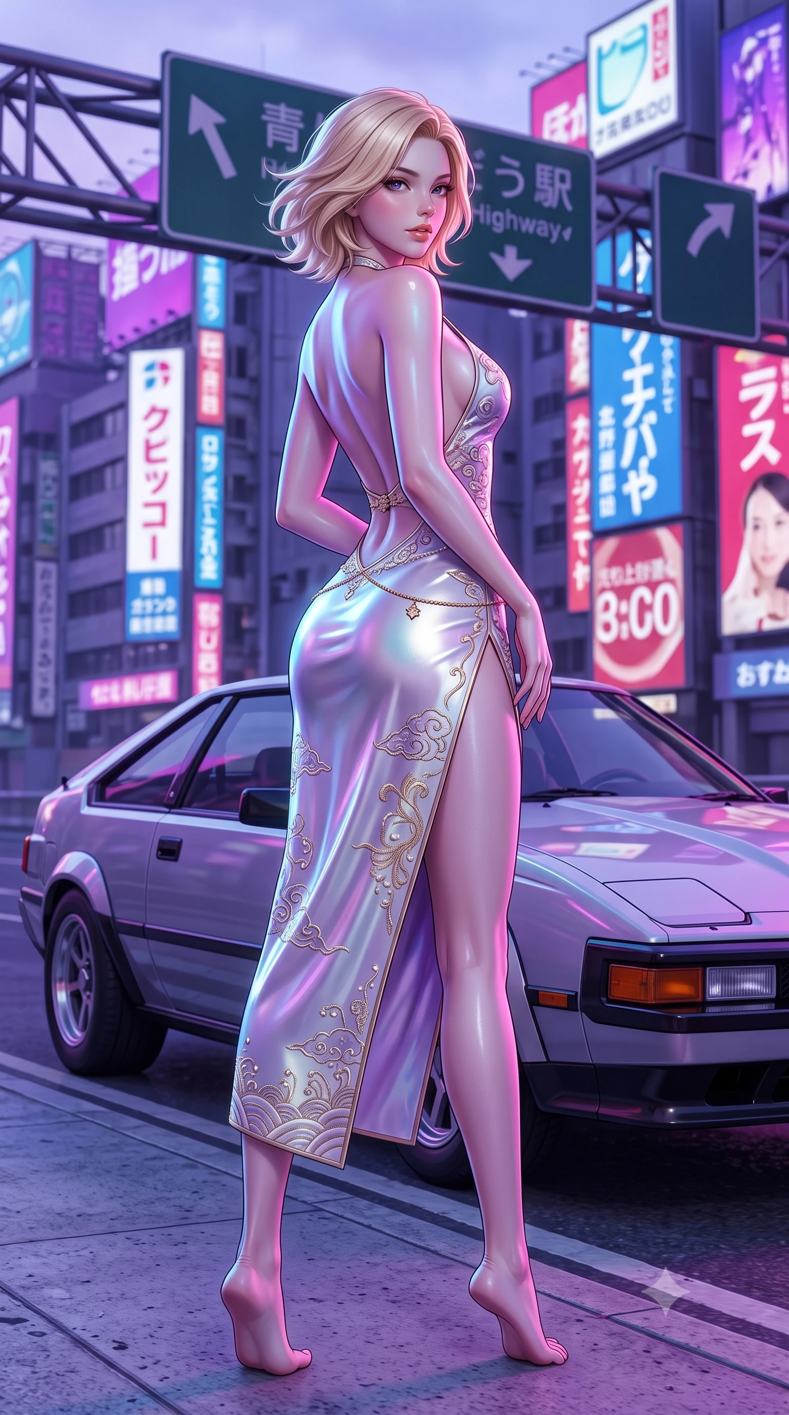 score_9, masterpiece, best quality, ultra-detailed, high-budget anime keyframe, semi-realistic 3D game render, editorial fashion photography, tasteful artistic composition, Caucasian woman. low angle full-body shot from head to toe showing her feet, filling the entire 9:16 vertical frame with her statuesque presence, stretching her vertical silhouette. executing a slow, graceful pivot turn as her skirt sways around her slender legs, glancing back with an enchanting, teasing sensual expression while standing poised beside a sleek retro sports car parked on the shoulder, arching her back with dangerous 80s city-pop glamour. The background shows a soft-focus highway overhead gantry signage softened in high-octane retro city shallow focus. She has an absolutely perfect, statuesque 8.5-heads proportion, an exceptionally tall and slender model-like female figure with impossibly long slender legs, an ultra-slim waist, a flat toned midriff, narrow delicate ribcage, and beautifully sculpted feminine hips creating a graceful, slim hourglass silhouette without any bulky heaviness. sharp v-shaped jawline, high-bridge nose, sparkling eyes with hypnotic seductive depth, thick curled eyelashes, glossy parted lips with a natural dewy peach sheen, alluring bedroom-eyes with an enchanting coquettish smile, exuding magnetic siren charisma and sophisticated glamour, flawlessly proportioned anatomical accuracy, strict slender model proportions, natural body alignment, perfectly sculpted long slender limbs, ultra-slim waistline, clean dynamic posture without body distortion. wearing a backless embroidered silk satin slip dress with traditional cloud motifs contouring her narrow waist and curvy hips in iridescent mother-of-pearl and misty lavender, crafted from wet-look high-gloss vinyl fabric with dazzling specular surface reflections, finished with a dainty gold belly chain resting across her flat midriff and curving hips, the high-slit wrap tailoring accentuating her ultra-slim waistline and the enchanting curve of her feminine hips with alluring seductive charm. bathed in dynamic dual-tone neon lighting spilling from towering Japanese billboard displays. highly saturated vibrant anime colors, detailed shading with soft gradients, rich glossy textures, high-contrast stereoscopic depth, volumetric dynamic lighting, master piece, 9:16 ratio