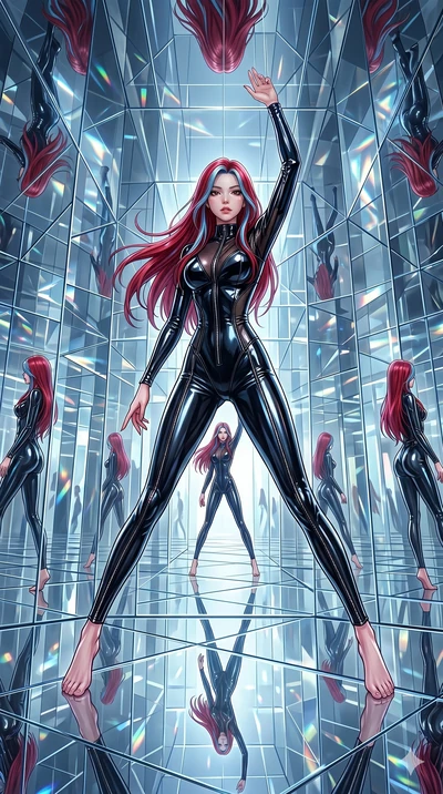 score_9, masterpiece, best quality, ultra-detailed, High-budget Anime Keyframe, East Asian woman. Dynamic full-body shot stretching the vertical silhouette to the limit. Scenario 6: Suspended by invisible silk threads in a hall of mirrors. Her presen