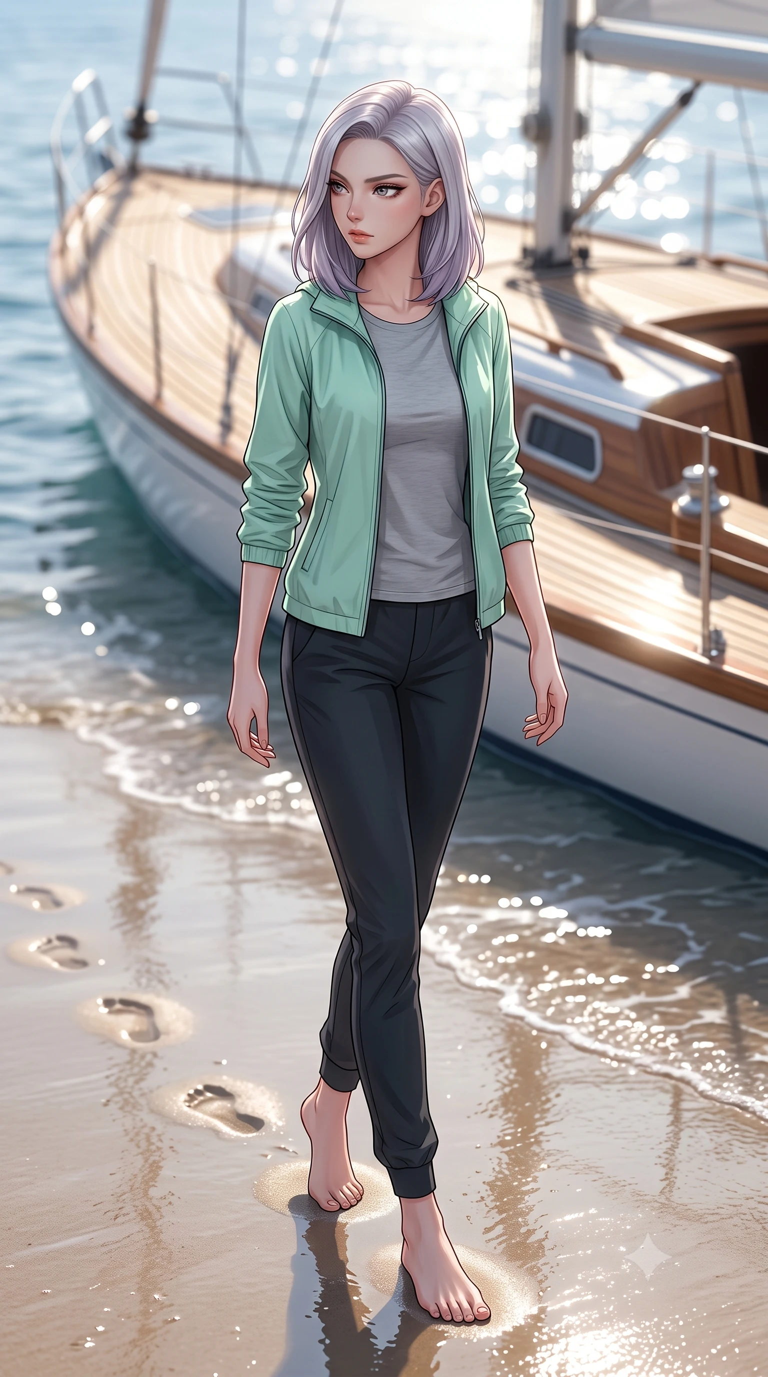 score_9, masterpiece, best quality, ultra-detailed, high-budget anime keyframe, editorial fashion photography, tasteful artistic composition, Caucasian woman woman. low angle full-body shot from head to toe showing her feet, filling the entire 9:16 vertical frame with her statuesque presence, stretching her vertical silhouette. walking slowly along the shoreline, leaving footprints in the wet sand the background shows a soft-focus the wooden deck of a luxury sailing yacht glistering in the open sea. She has an absolutely perfect, statuesque 8.5-heads proportion, an exceptionally tall and slender model-like female figure with impossibly long slender legs and an ultra-slim waist. sharp v-shaped jawline, high-bridge nose, intricate jewel-like eyes with depth, thick eyelashes, glossy lips with a natural sheen. wearing a tailored light windbreaker jacket in mint green over a grey cotton tee and dark jogger pants. bright midday sun creating high-contrast specular highlights on the water and deck. 2k, ultra detail, master piece, 9:16 ratio