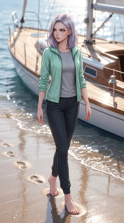 score_9, masterpiece, best quality, ultra-detailed, high-budget anime keyframe, editorial fashion photography, tasteful artistic composition, Caucasian woman woman. low angle full-body shot from head to toe showing her feet, filling the entire 9:16 v