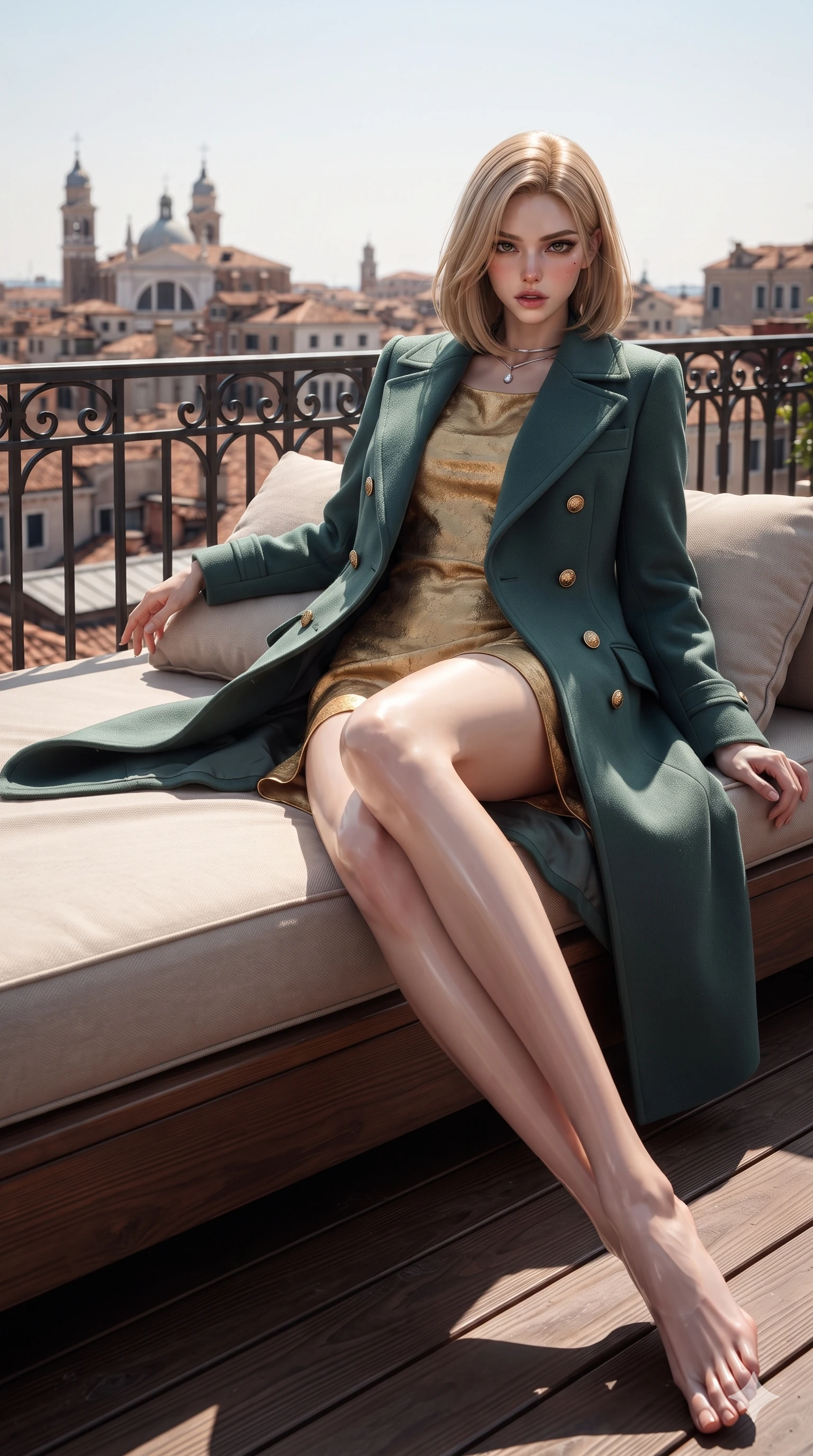 score_9, masterpiece, best quality, ultra-detailed, high-budget anime keyframe, editorial fashion photography, tasteful artistic composition, Korean woman. low angle full-body shot from head to toe showing her feet, filling the entire 9:16 vertical frame with her statuesque presence, stretching her vertical silhouette. stepping slowly toward the camera with hypnotic grace, hips swaying in an alluring sensual rhythm that accentuates her curvy hourglass silhouette and long slender legs while reclining gracefully on the rooftop daybed propped on one elbow with legs extended, displaying her statuesque silhouette against the Venetian skyline. The surrounding environment is rendered in vivid detail and crisp panoramic clarity: sharp aged cedar wood grain textures, wrought-iron railing rivets, and crisp distant church cross silhouettes in deep focus. She has an exceptionally tall and slender model-like 8.5-heads proportion, an ultra-slim waist, a flat toned midriff, narrow delicate ribcage, and beautifully sculpted feminine hips creating a graceful, slim hourglass silhouette without any bulky heaviness, with impossibly long slender legs. sharp v-shaped jawline, high-bridge nose, intricate jewel-like sparkling eyes with depth, thick eyelashes, glossy parted lips with a natural sheen, intensely captivating and seductive bedroom-eyes expression, exuding both youthful cute charm and sovereign luxury allure, flawlessly proportioned anatomical accuracy, strict slender model proportions, natural body alignment, perfectly sculpted long slender limbs, ultra-slim waistline, clean dynamic posture without body distortion. wearing a structured Belle Époque cashmere opera greatcoat with polished brass crest buttons layered over a high-neck slip in celadon jade and antique gold-leaf, tailored from heavy double-faced silk georgette with an exceptionally fluid drape, finished with a minimalist chrome choker and a single teardrop diamond pendant, the impeccably tailored cut draping gracefully along her slender figure with aristocratic poise. illuminated by warm wood deck bounce and sharp copper-violet rim lights sculpting her razor-sharp jawline, narrow waist, and curvy hips. ultra-reflective glossy finish, specular highlights, rich textural contrasts, high-contrast stereoscopic depth, volumetric dynamic lighting, 2k, ultra detail, master piece, 9:16 ratio