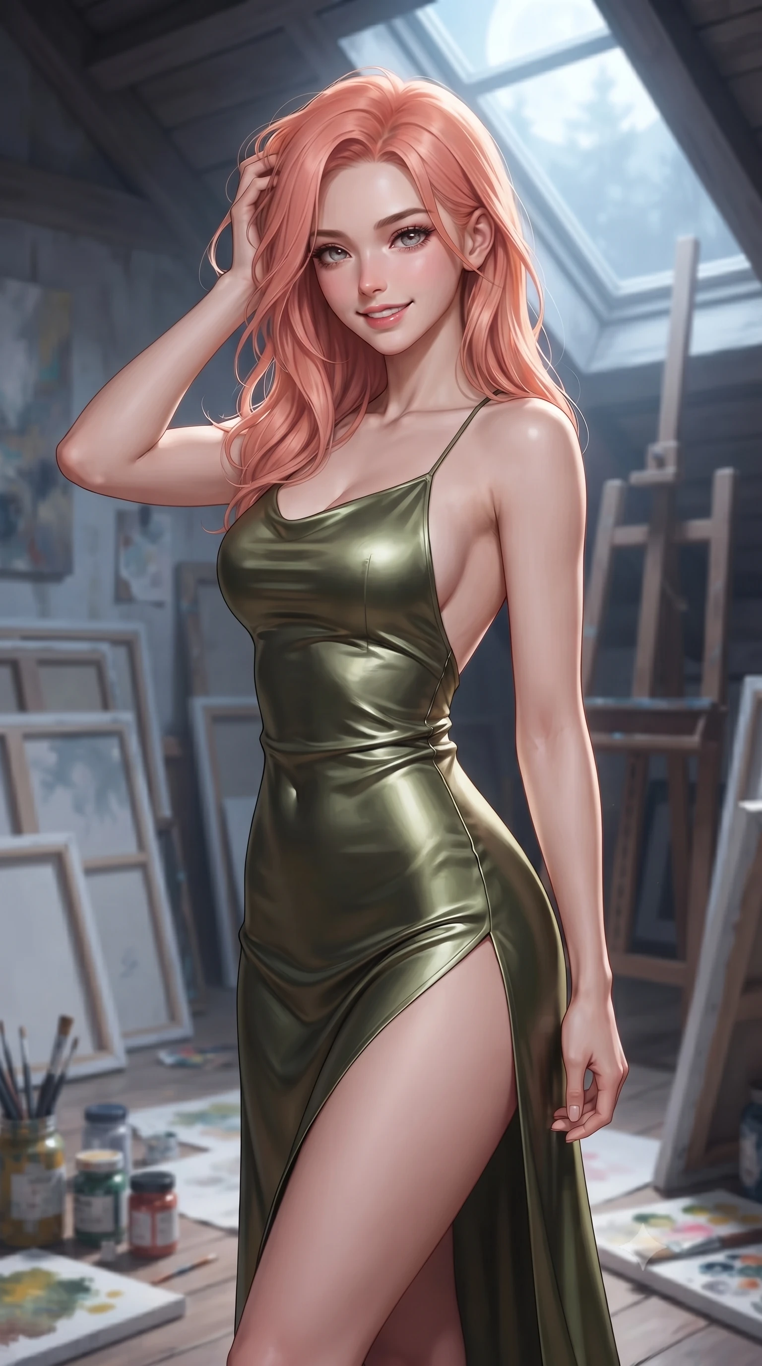 score_9, masterpiece, best quality, ultra-detailed, high-budget anime keyframe, editorial fashion photography, tasteful artistic composition, Japanese woman. close-up cowboy shot from the waist and thighs up, the character dominates the composition, filling the frame with her large presence, background elements kept in soft focus. smiling with quiet, magnetic self-assurance directly into the camera, running a hand through her hair the background shows a soft-focus an artist's attic studio filled with canvases, paint jars, and a wooden easel near a skylight. She has an exceptionally elegant, slender, and willowy female figure with an ultra-slim waist, a gracefully sculpted slender torso, and a refined silhouette. sharp v-shaped jawline, high-bridge nose, intricate jewel-like eyes with depth, thick eyelashes, glossy lips with a natural sheen. wearing a slim-fit dramatic open-back maxi dress in olive green, featuring a high thigh slit. cool silver moonlight filtering through the skylight, painting the canvas in a soft wash. ultra-reflective glossy finish, specular highlights, metallic sheen, high-contrast stereoscopic depth, volumetric dynamic lighting, 2k, ultra detail, master piece, 9:16 ratio