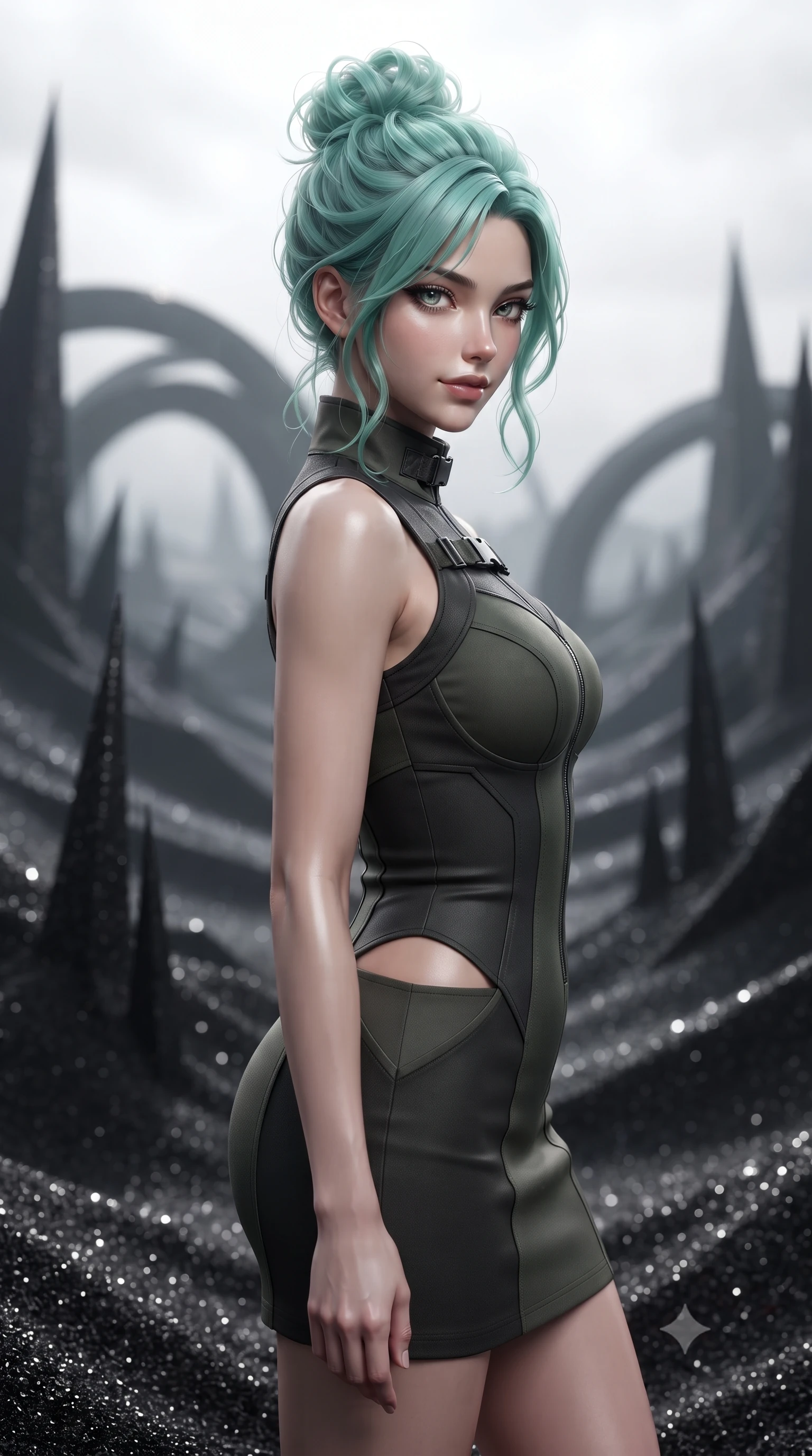 score_9, masterpiece, best quality, ultra-detailed, high-budget anime keyframe, editorial fashion photography, tasteful artistic composition, Japanese woman. close-up cowboy shot from the waist and thighs up, the character dominates the composition, filling the frame with her large presence, background elements kept in soft focus. Glancing sidelong over her shoulder with a smoldering half-smile. set against a soft-focus background of a valley filled with jet-black magnetic sand that rises in hypnotic patterns forming spires waves and impossible arching structures responding to unseen magnetic forces creating a landscape of dark geometric beauty. She has an exceptionally elegant and slender, willowy female figure with an ultra-slim waist, a gracefully sculpted slender torso, and a refined slim physique. sharp v-shaped jawline, high-bridge nose, intricate jewel-like eyes with depth, thick eyelashes, glossy lips with a natural sheen. wearing a combat mini dress in dark olive green and charcoal, featuring subtle hip cutouts and a structured bodice. stark high-contrast lighting with a bright overcast sky above creating sharp definition on the black sand formations with metallic specular highlights on the magnetite particles. 2k, ultra detail, master piece, 9:16 ratio