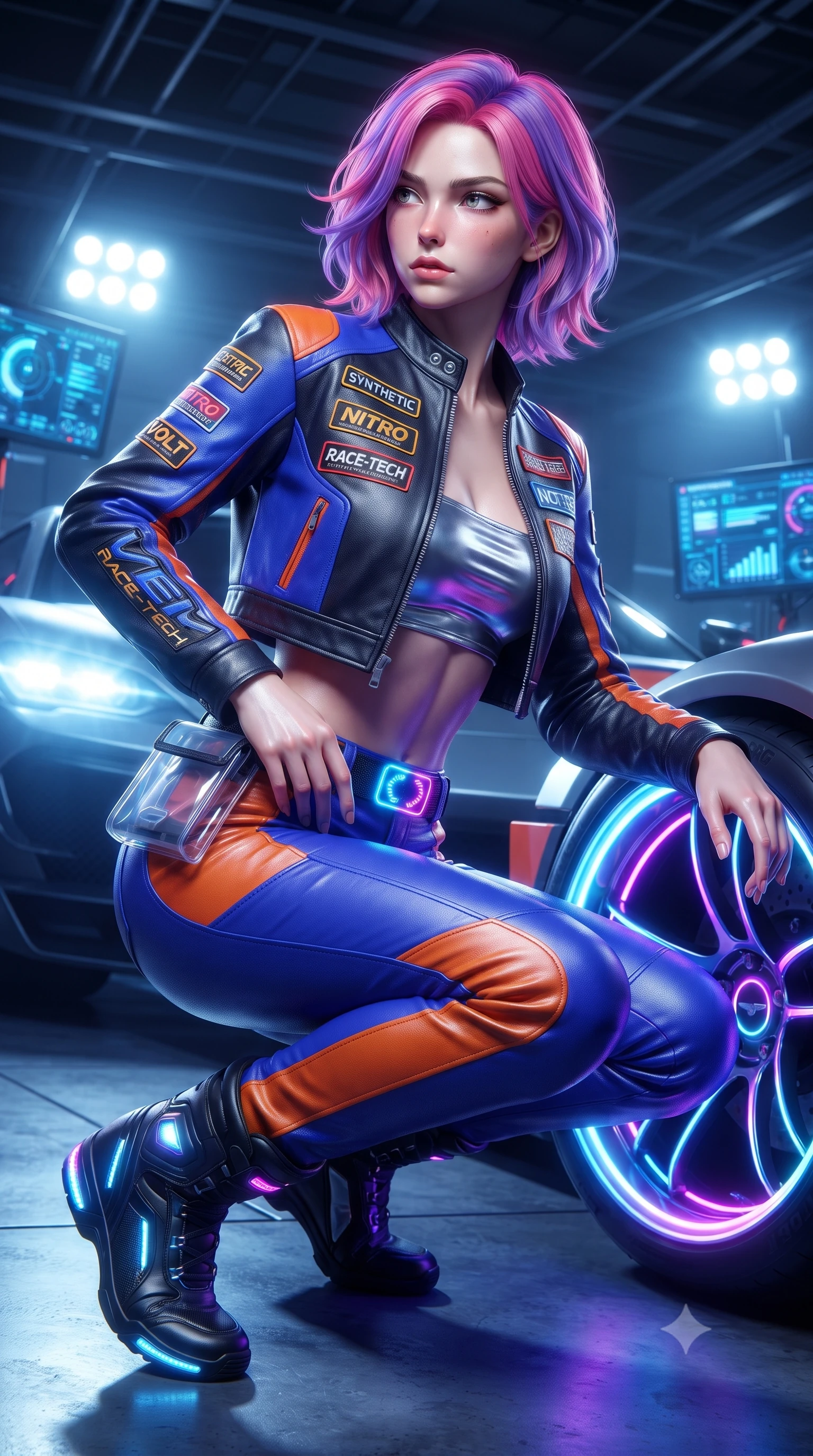 score_9, masterpiece, best quality, ultra-detailed, high-budget anime keyframe, editorial fashion photography, tasteful artistic composition, Caucasian woman. low angle full-body shot from head to toe showing her feet, filling the entire 9:16 vertical frame with her statuesque presence, stretching her vertical silhouette. executing an elegant mid-motion turn as garments swirl around her slender limbs, glancing over her shoulder with smoldering allure while crouching low beside a glowing neon wheel rim, one hand resting on her thigh, casting an intense, electrifying smirk. The surrounding environment is rendered in vivid detail and crisp panoramic clarity. detailed leather racing suit sponsor patches, zipper teeth, and glowing telemetry HUD screens in high resolution. She has an absolutely perfect, statuesque 8.5-heads proportion, an exceptionally tall and slender model-like female figure with impossibly long slender legs, a toned flat midriff, and an ultra-slim waist. sharp v-shaped jawline, high-bridge nose, intricate jewel-like eyes with depth, thick eyelashes, glossy parted lips with a natural sheen, intensely captivating and seductive expression, flawlessly proportioned anatomical accuracy, strict slender model proportions, natural body alignment, perfectly sculpted long slender limbs, ultra-slim waistline, clean dynamic posture without body distortion. wearing a cropped leather racing jacket unzipped over a reflective silver bandeau top and low-rise carbon track pants in electric cobalt blue and high-contrast orange, tailored from supple second-skin lambskin leather adhering to her curves, complemented by a neon LED belt buckle and translucent vinyl tool pouch, the liquid-tight tailored fabric emphasizing every curve of her tall, slender model proportions and sculptured silhouette. bathed in high-intensity xenon hypercar headlights and neon pitlane floodlights. ultra-reflective glossy finish, specular highlights, rich textural contrasts, high-contrast stereoscopic depth, volumetric dynamic lighting, 2k, ultra detail, master piece, 9:16 ratio
