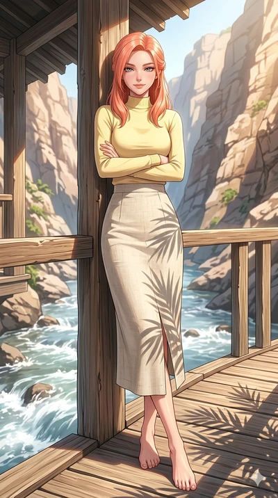 score_9, masterpiece, best quality, ultra-detailed, high-budget anime keyframe, editorial fashion photography, tasteful artistic composition, Japanese woman. low angle full-body shot from head to toe showing her feet, filling the entire 9:16 vertical