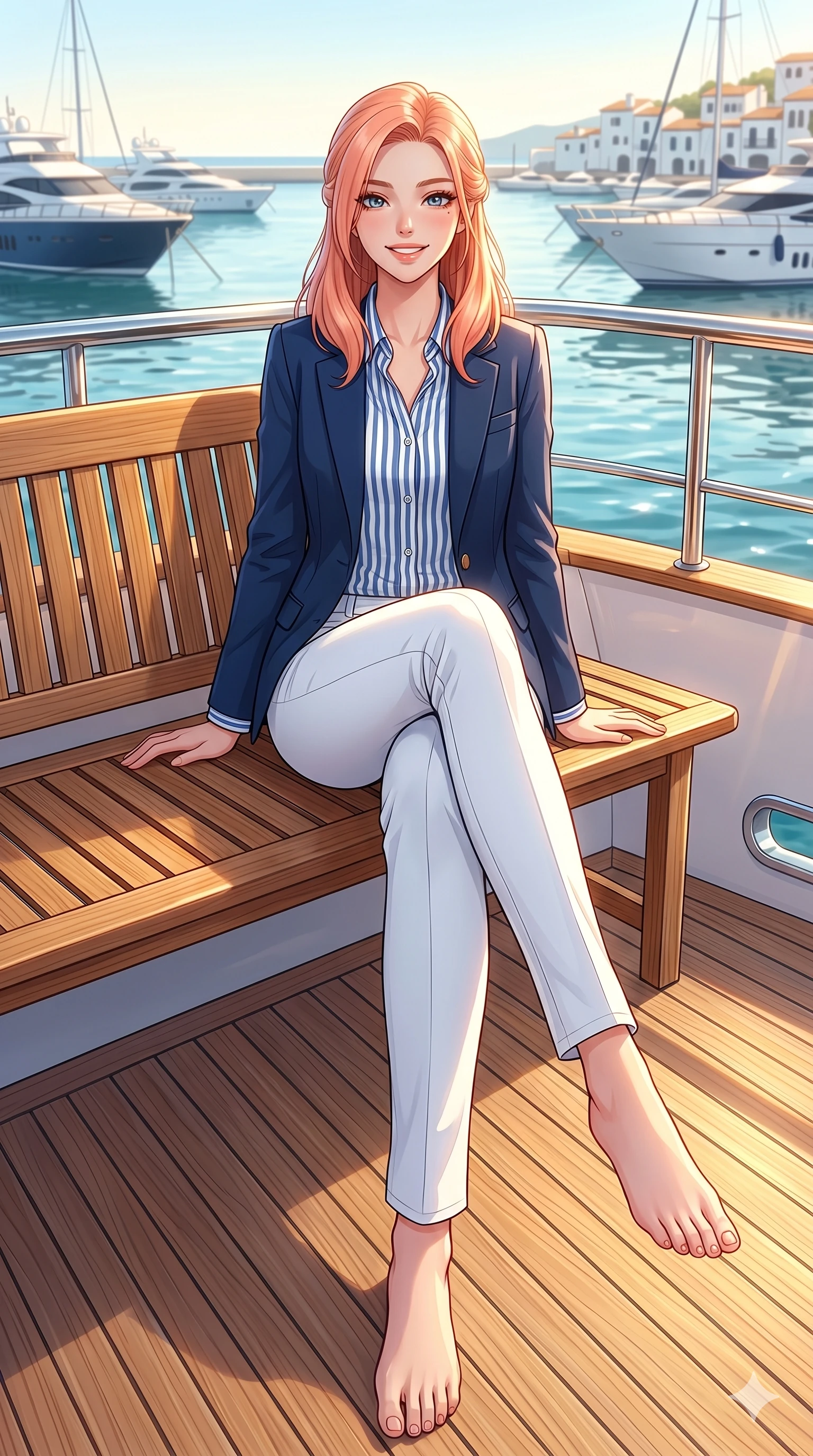 score_9, masterpiece, best quality, ultra-detailed, high-budget anime keyframe, vibrant anime aesthetic, Japanese woman. low angle full-body shot from head to toe showing her feet, filling the entire 9:16 vertical frame with her statuesque presence, stretching her vertical silhouette. She is sitting on a wooden bench, smiling cheerfully while enjoying the spring sun on a private sun-drenched yacht deck overlooking a sparkling clean harbor (Code-P20-022). She has an absolutely perfect 8-heads proportion, an exceptionally tall and slender female figure with impossibly long slender legs and an ultra-slim waist. V-shaped jawline, high-bridge nose, intricate jewel-like eyes with depth, thick eyelashes, glossy lips with a natural sheen. wearing a navy blazer over a striped cotton shirt and white pants. She is bathed in a beautiful contrast of warm yellow sunbeams and cool sky reflections. 2k, ultra detail, master piece, 9:16 ratio