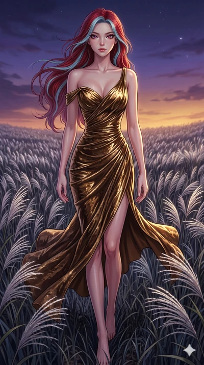 score_9, masterpiece, best quality, ultra-detailed, High-budget Anime Keyframe, East Asian woman. Dynamic full-body shot stretching the vertical silhouette to the limit. Scenario 228: Walking through a field of tall silver grass at twilight. Her pres
