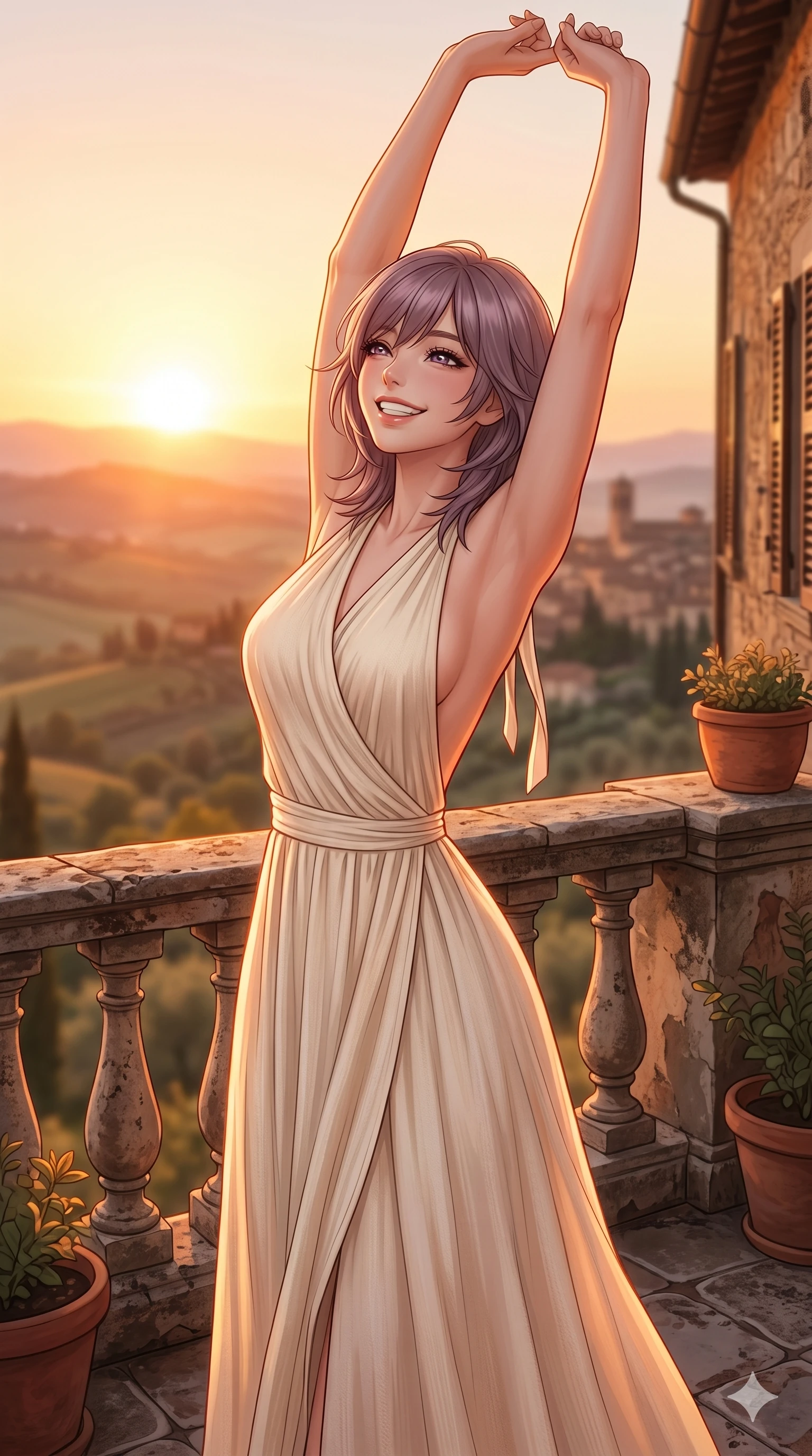 score_9, masterpiece, best quality, ultra-detailed, high-budget anime keyframe, editorial fashion photography, tasteful artistic composition, Japanese woman. cowboy shot from the thighs up, character and outfit filling the frame for maximum editorial presence. stretching her arms up with a bright, refreshed smile, greeting the morning sun standing on a balcony of an old stone villa overlooking the countryside. She has an absolutely perfect 8-heads proportion, an exceptionally tall and slender female figure with impossibly long slender legs and an ultra-slim waist. V-shaped jawline, high-bridge nose, intricate jewel-like eyes with depth, thick eyelashes, glossy lips with a natural sheen. wearing a cream-colored wrap dress with a graceful halter neck and bare shoulders. drenched in soft, warm sunrise light casting a gentle orange glow over her silhouette. 2k, ultra detail, master piece, 9:16 ratio