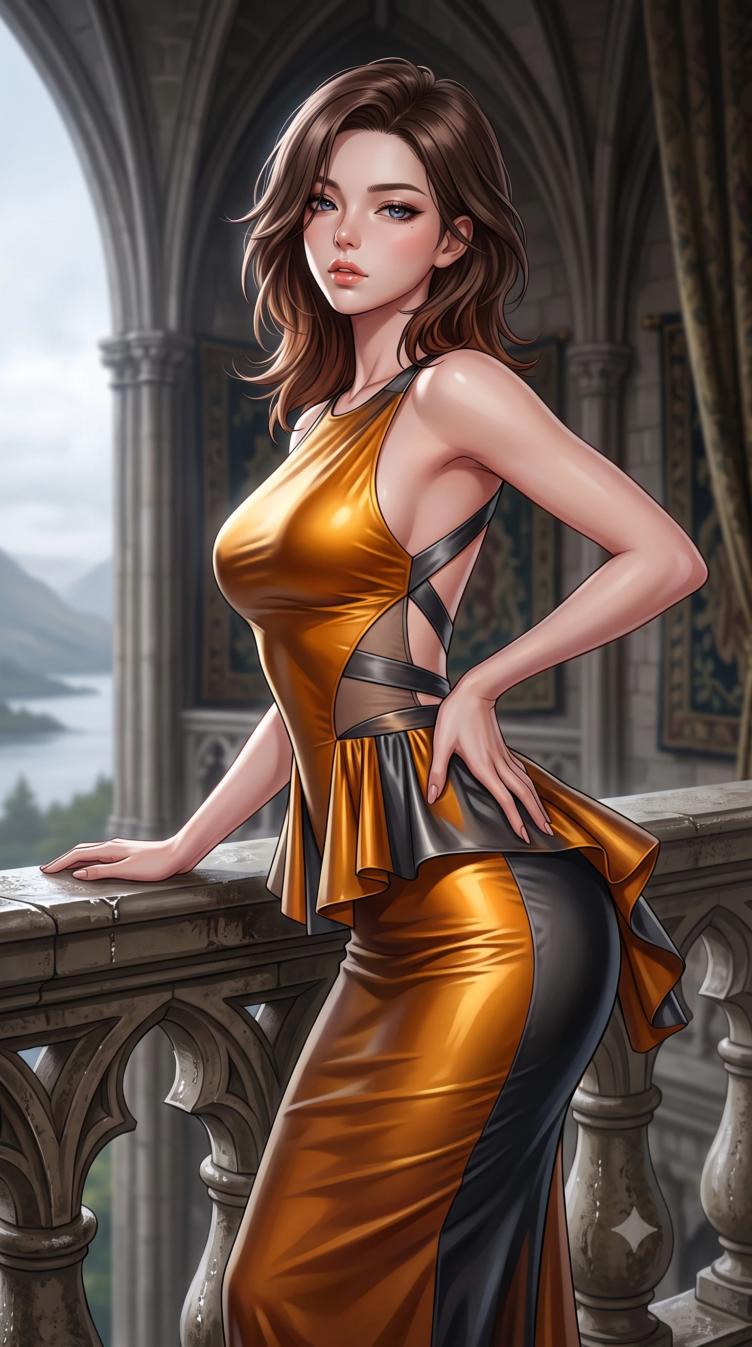 score_9, masterpiece, best quality, ultra-detailed, high-budget anime keyframe, semi-realistic 3D game render, editorial fashion photography, tasteful artistic composition, Korean woman. close-up cowboy shot from the waist and thighs up, the character dominates the composition, filling the frame with her large presence. resting one manicured hand delicately on her hip bone, her upper body turning in a fluid, seductive S-curve while parted lips glisten in the light while leaning against the damp carved limestone terrace balustrade overlooking misty Scottish lochs, arching her lower back in an alluring S-curve as wind flutters her dress. The composition keeps background elements in soft focus with creamy bokeh. towering gothic stone rib vaults and heavy velvet tapestries softened in moody shallow focus. She has an exceptionally elegant, slender, and willowy female figure with an ultra-slim waist, flat toned midriff, narrow ribcage, and sculpted feminine hips creating an alluring, slim hourglass silhouette without bulk. sharp v-shaped jawline, high-bridge nose, intricate jewel-like eyes with depth, thick eyelashes, glossy parted lips with a natural sheen, intensely captivating and seductive bedroom-eyes expression, flawlessly proportioned anatomical accuracy, strict slender model proportions, natural body alignment, perfectly sculpted long slender limbs, ultra-slim waistline, clean dynamic posture without body distortion. wearing a structural geometric peplum gown with sheer side-ribbon cutouts and form-fitting skirt in molten amber-gold and dark gunmetal, tailored from liquid silk jersey adhering flawlessly to her slender build, finished with criss-cross back satin straps highlighting her graceful shoulder blades, the glove-like aerodynamic silhouette tightly following the natural contour of her hips and long slender legs with statuesque 8.5-heads elegance. illuminated by crisp directional rim lighting sharply carving her razor-sharp jawline, narrow waist, and curvy hips. highly saturated vibrant anime colors, detailed shading with soft gradients, rich glossy textures, high-contrast stereoscopic depth, volumetric dynamic lighting, master piece, 9:16 ratio