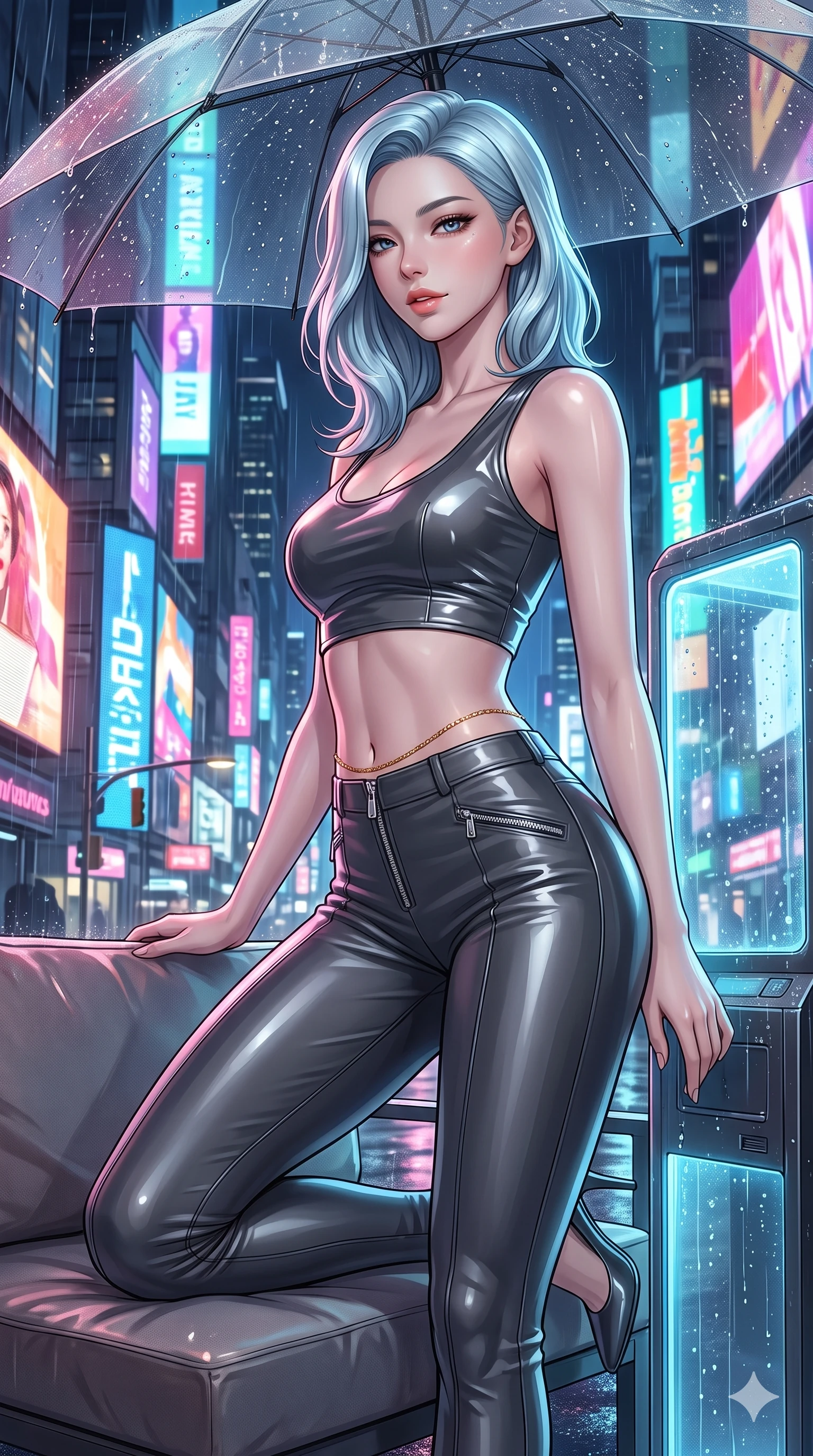 score_9, masterpiece, best quality, ultra-detailed, high-budget anime keyframe, editorial fashion photography, tasteful artistic composition, Korean woman. close-up cowboy shot from the waist and thighs up, the character dominates the composition, filling the frame with her large presence. perched sideways on the lounge seat, one knee drawn up to showcase her slender leg line while her arched back accentuates her feminine hip curve while leaning against the glowing smart-glass kiosk with hips cocked back, gazing through the rain-streaked umbrella canopy with smoldering bedroom-eyes. The surrounding environment is rendered in vivid detail and crisp panoramic clarity: detailed bespoke fashion tailoring, high-gloss patent leather sheen, and dense futuristic megalopolis architecture in razor-sharp precision. She has an exceptionally elegant, slender, and willowy female figure with an ultra-slim waist, flat toned midriff, narrow ribcage, and sculpted feminine hips creating an alluring, slim hourglass silhouette without bulk. sharp v-shaped jawline, high-bridge nose, intricate jewel-like sparkling eyes with depth, thick eyelashes, glossy parted lips with a natural peach sheen, bright cheerful beaming smile with an enchanting and coquettish sensual glint, exuding both youthful cute charm and seductive allure, flawlessly proportioned anatomical accuracy, strict slender model proportions, natural body alignment, perfectly sculpted long slender limbs, ultra-slim waistline, clean dynamic posture without body distortion. wearing a glossy vinyl crop top and high-waist tailored leggings with sleek chrome zippers and exposed midriff in charcoal grey and polished chrome, woven from buttery-soft stretch lambskin leather adhering to her body like a second skin, accented with a dainty gold belly chain resting across her flat midriff and curving hips, the form-contouring silhouette accentuating her sculpted flat midriff, narrow delicate ribcage, and gracefully curvy hips with intoxicating allure. bathed in the dynamic multi-colored glow of towering holographic billboards mixed with street rain reflections. ultra-reflective glossy finish, specular highlights, rich textural contrasts, high-contrast stereoscopic depth, volumetric dynamic lighting, 2k, ultra detail, master piece, 9:16 ratio