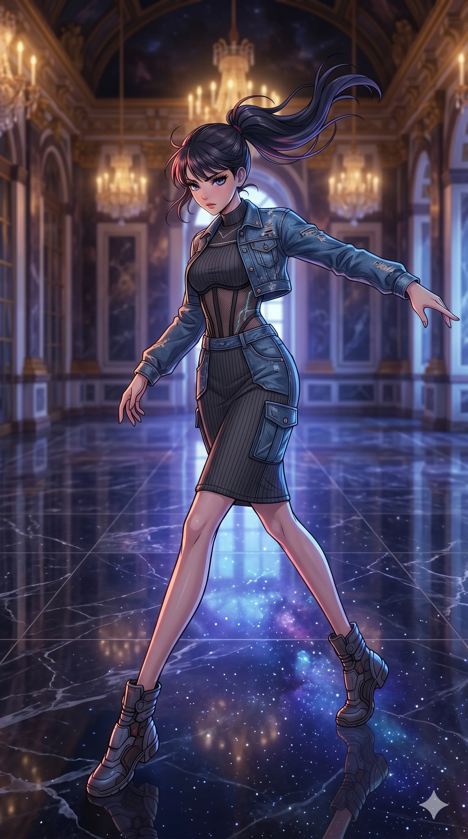 score_9, masterpiece, best quality, ultra-detailed, high-budget anime movie keyframe, cinematic anime lighting, intricate line art, Korean woman. Low angle cowboy shot capturing a powerful motion and statuesque presence. gliding through a ballroom as the floor reflects the stars above. She has an absolutely perfect 8-heads proportion, an exceptionally tall and slender female figure with an ultra-slim waist and impossibly long slender legs. strictly human anatomy, two legs only, no extra limbs, clearly defined legs and arms, perfect anatomy, perfect hands and fingers. sharp v-shaped jawline, high-bridge nose, intricate jewel-like eyes, thick eyelashes, glossy lips. Wearing Urban Trendsetter: Ribbed bodycon dress, crop top with high-waist denim, and sheer corset with cargo pants. The scene is illuminated by dramatic atmospheric lighting and vibrant color palettes. , 2k, ultra detail, master piece, 9:16 ratio