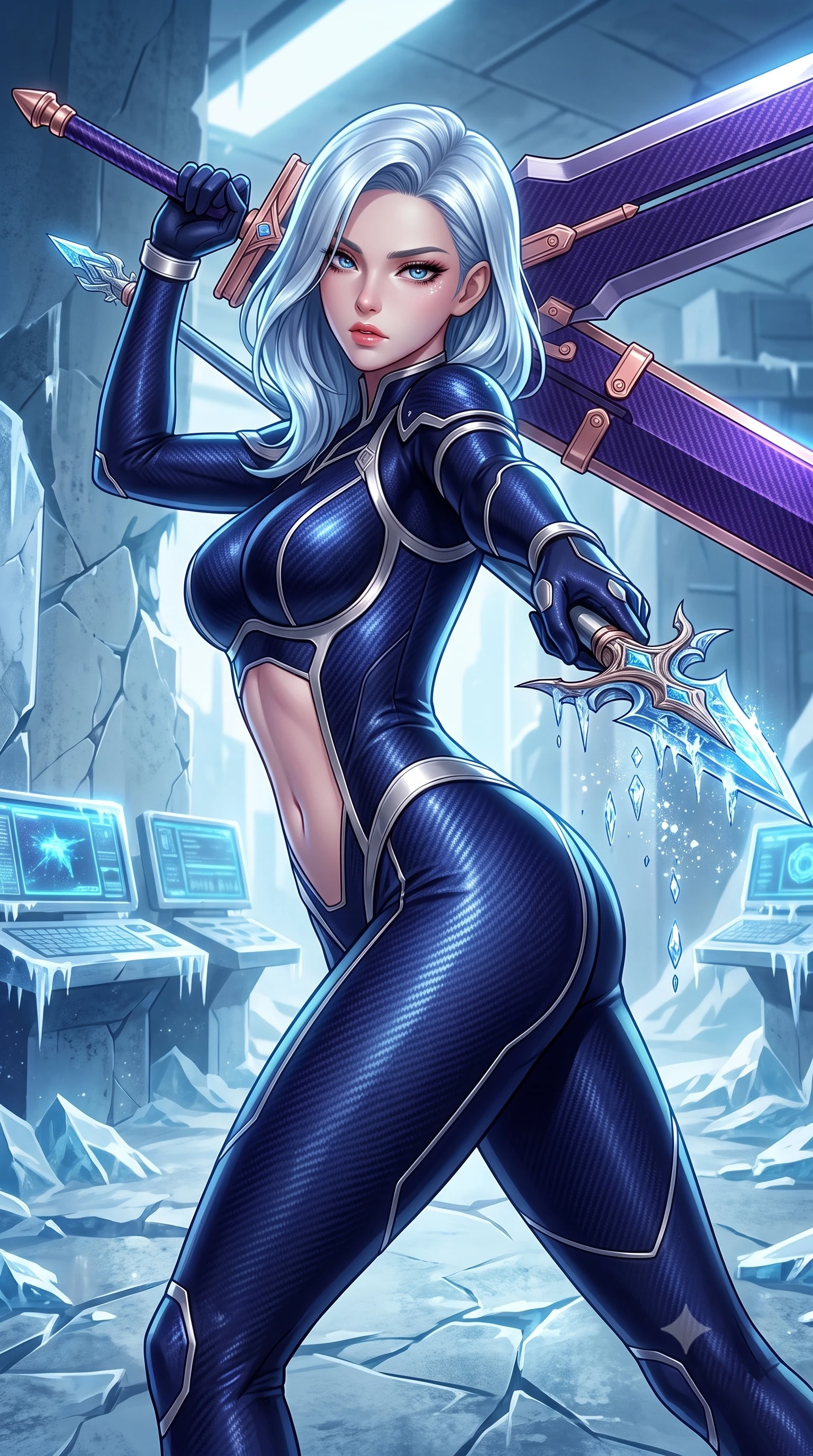 score_9, masterpiece, best quality, ultra-detailed, high-budget anime keyframe, semi-realistic 3D game render, editorial fashion photography, tasteful artistic composition, Korean woman. close-up cowboy shot from the waist and thighs up, the character dominates the composition, filling the frame with her large presence. stretching forward with an alluring arch of her spine, glancing over her shoulder with divine self-assurance and magnetic intensity while pivoting dynamically as she thrusts the cryo-spear forward, leaving a trail of diamond frost crystals hanging in the air. The surrounding environment is rendered in vivid detail and crisp panoramic clarity. high-contrast arctic chiaroscuro and sleek high-tech laboratory ruin captured with precision. She has an exceptionally elegant, slender, and willowy female figure with an ultra-slim waist, a gracefully sculpted slender torso, toned flat midriff, and a refined slim silhouette. sharp v-shaped jawline, high-bridge nose, intricate jewel-like eyes with depth, thick eyelashes, glossy lips with a natural sheen, flawlessly proportioned anatomical accuracy, strict slender model proportions, natural body alignment, perfectly sculpted long slender limbs, ultra-slim waistline, clean dynamic posture without body distortion. wearing a statuesque midnight cobalt carbon-fiber armor-suit with platinum trim and an ultra-slim waistline, resting a massive sleek high-frequency anti-material greatsword across her shoulder in royal purple carbon fiber with rose-gold hardware and clasps, made of liquid carbon-jersey fabric adhering flawlessly to her sculpted silhouette, finished with high-mobility articulation joints and miniature magnetic armor locks, the form-contouring material adhering flawlessly to her sculpted flat midriff and slender torso, emphasizing her long leg lines and perfectly proportioned willowy build. surrounded by a cool, lethal, and breathtakingly alluring frost-goddess special-operative aura. rich saturated anime colors with glowing neon highlights, detailed shading with soft gradients, rich glossy textures, high-contrast stereoscopic depth, volumetric dynamic lighting, master piece, 9:16 ratio