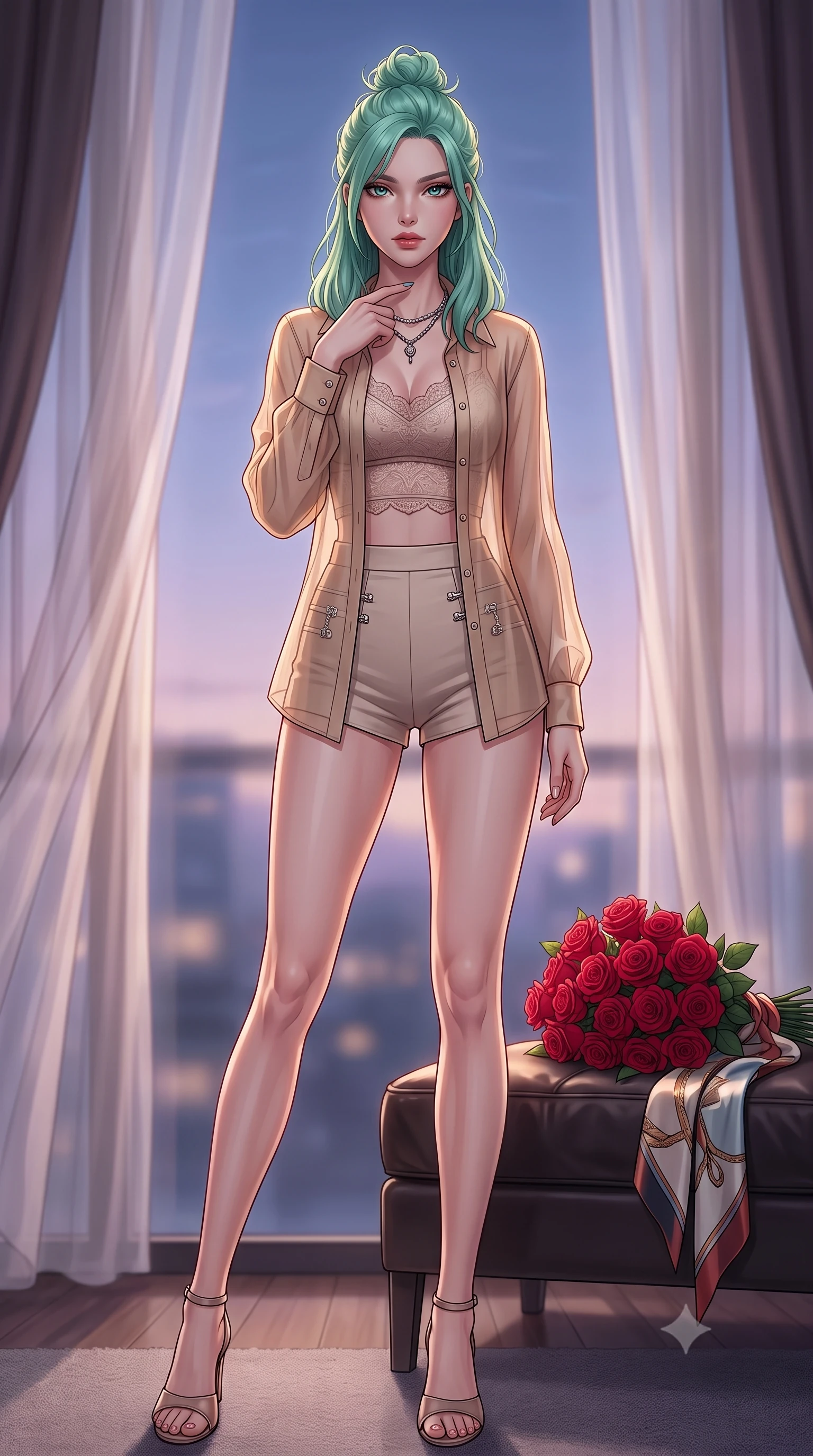 score_9, masterpiece, best quality, ultra-detailed, high-budget anime keyframe, editorial fashion photography, tasteful artistic composition, Japanese woman. low angle full-body shot from head to toe showing her feet, filling the entire 9:16 vertical frame with her statuesque presence, stretching her vertical silhouette. standing tall with statuesque grace, tracing a single finger down her necklace with a smoldering, magnetic expression set against a soft-focus background of inside an exclusive penthouse suite with a bouquet of crimson roses and a silk scarf resting on the leather seat. She has an absolutely perfect, statuesque 8.5-heads proportion, an exceptionally tall and slender model-like female figure with impossibly long slender legs and an ultra-slim waist. sharp v-shaped jawline, high-bridge nose, intricate jewel-like eyes with depth, thick eyelashes, glossy lips with a natural sheen. wearing slim-fit warm beige semi-opaque chiffon sheer organza button-up shirt worn over a lace-accented crop top and high-cut mini shorts accented with delicate silver hardware. softened by diffused twilight glow filtering through sheer chiffon window curtains. highly saturated vibrant anime colors, detailed shading with soft gradients, rich glossy textures, high-contrast stereoscopic depth, volumetric dynamic lighting, master piece, 9:16 ratio