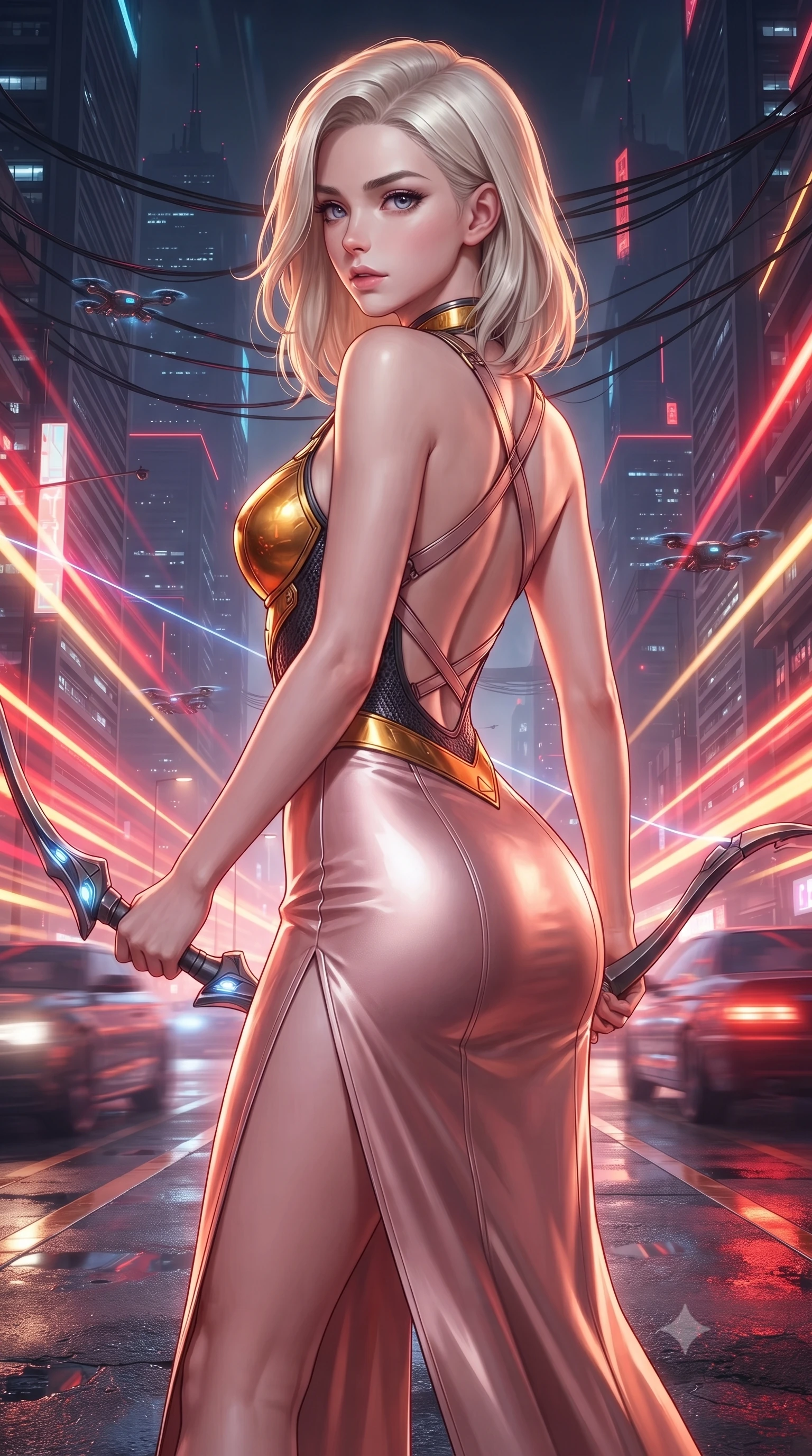 score_9, masterpiece, best quality, ultra-detailed, high-budget anime keyframe, editorial fashion photography, tasteful artistic composition, Caucasian woman. close-up cowboy shot from the waist and thighs up, the character dominates the composition, filling the frame with her large presence. stretching forward with an alluring arch of her spine, glancing over her shoulder with divine self-assurance and magnetic intensity while striding commanding down an elevated neon-lit expressway as autonomous cyber-traffic speeds past in blurred light trails. The surrounding environment is rendered in vivid detail and crisp panoramic clarity. intricate hilt power cables, hovering traffic drones, and skyscraper facade lattices in high clarity. She has an exceptionally elegant, slender, and willowy female figure with an ultra-slim waist, a gracefully sculpted slender torso, toned flat midriff, and a refined slim silhouette. sharp v-shaped jawline, high-bridge nose, intricate jewel-like eyes with depth, thick eyelashes, glossy lips with a natural sheen, flawlessly proportioned anatomical accuracy, strict slender model proportions, natural body alignment, perfectly sculpted long slender limbs, ultra-slim waistline, clean dynamic posture without body distortion. wearing a form-fitting luminous rose-gold carbon combat gown with tactical side slits, wielding a floating magnetic energy bow with celestial poise in molten amber-gold carbon cuirass with dark titanium weave, tailored from flexible second-skin carbon-mesh that clings flawlessly to her athletic curves, complemented by criss-cross back harness straps highlighting her completely bare spine, the glove-like aerodynamic second-skin fit tightly clinging to her ultra-slender waist and athletic curves without adding bulk, accentuating her razor-sharp statuesque lines and slim hourglass silhouette. bathed in blazing neon crimson and golden traffic trail backlighting with crisp streetlamp fill. ultra-reflective glossy finish, specular highlights, dark metallic sheen, high-contrast stereoscopic depth, volumetric dynamic lighting, 2k, ultra detail, master piece, 9:16 ratio