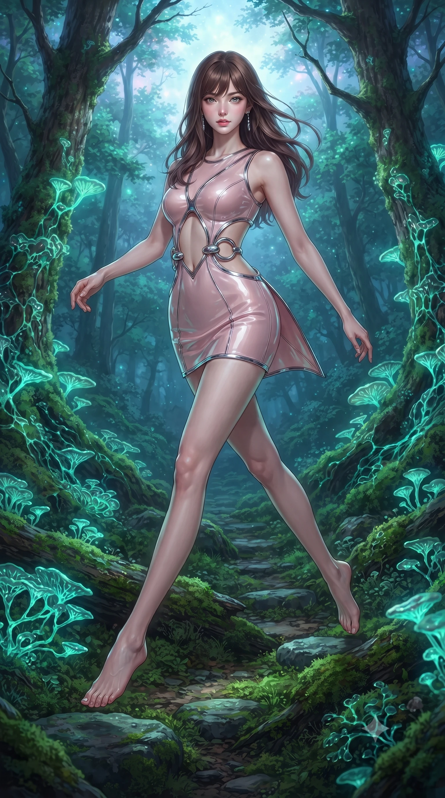 score_9, masterpiece, best quality, ultra-detailed, high-budget anime keyframe, editorial fashion photography, tasteful artistic composition, Korean woman. low angle full-body shot from head to toe showing her feet, filling the entire 9:16 vertical frame with her statuesque presence, stretching her vertical silhouette. leaping dynamically through the luminous sky, her posture full of power and elegance, walking along a mossy path lit by glowing emerald and cyan fungal networks, natural organic harmony combining luxury attire with sacred nature. She has an absolutely perfect, statuesque 8.5-heads proportion, an exceptionally tall and slender model-like female figure with impossibly long slender legs and an ultra-slim waist. sharp v-shaped jawline, high-bridge nose, intricate jewel-like eyes with depth, thick eyelashes, glossy lips with a natural sheen. wearing dramatic open-waist cutout mini dress in opal velvet framed by chrome hardware in soft blush pink, made of high-gloss liquid pearl vinyl, accented with sculpted opal chrome rings at the waist, the fitted fabric emphasizing her ultra-slim waist. lit by quiet bioluminescent key light in a dark woodland setting. ultra-reflective glossy finish, specular highlights, metallic sheen, high-contrast stereoscopic depth, volumetric dynamic lighting, 2k, ultra detail, master piece, 9:16 ratio