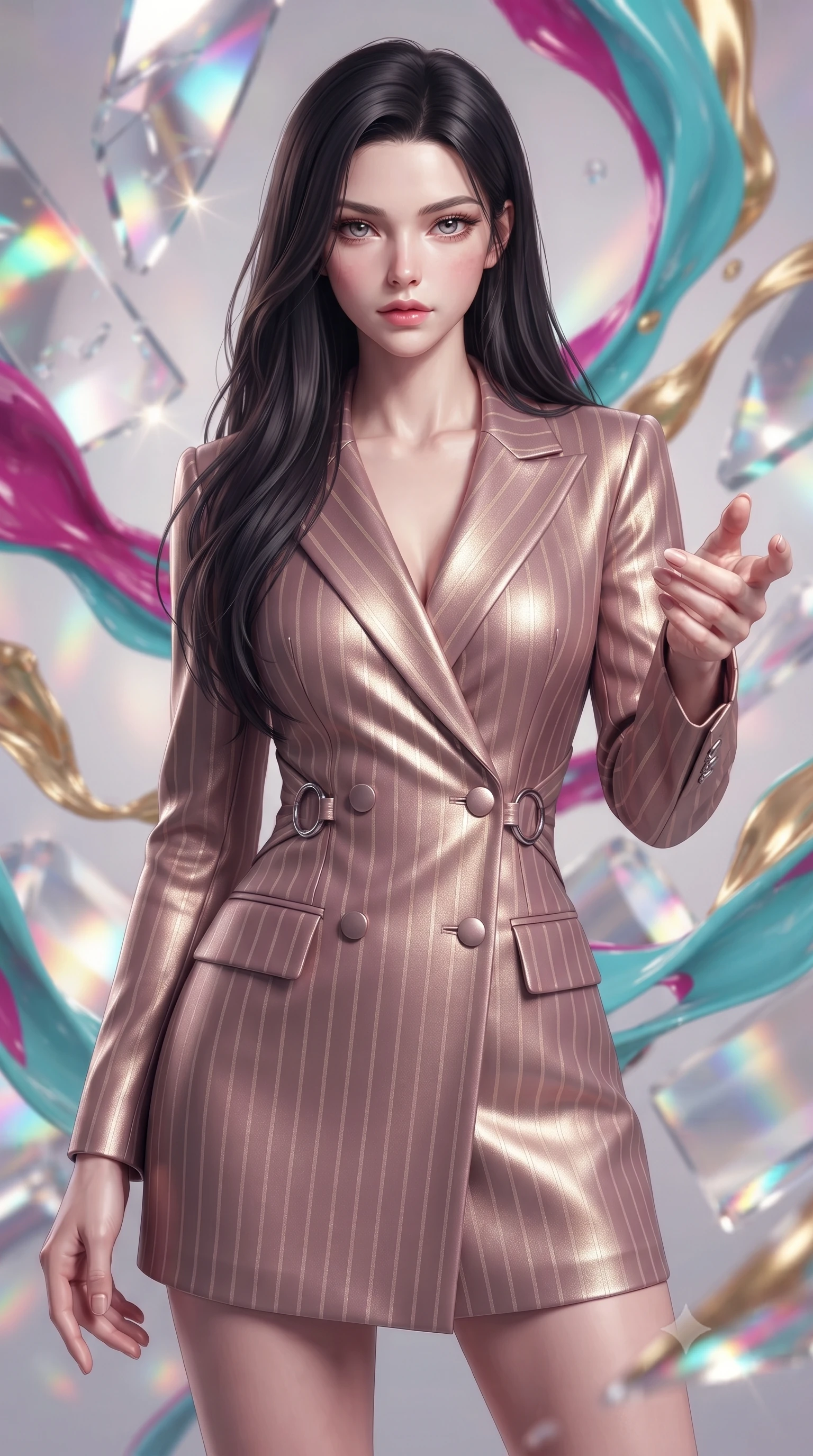 score_9, masterpiece, best quality, ultra-detailed, high-budget anime keyframe, editorial fashion photography, tasteful artistic composition, Korean woman. close-up cowboy shot from the waist and thighs up, the character dominates the composition, filling the frame with her large presence, background elements kept in soft focus. Reaching one hand gracefully toward the viewer with effortless superiority and allure surrounded by rotating shattered mirror sculptures reflecting bright acrylic colors, swirling ribbons of magenta, turquoise, and gold liquid paint in zero-gravity. She has an exceptionally elegant, slender, and willowy female figure with an ultra-slim waist, a gracefully sculpted slender torso, and a refined silhouette. sharp v-shaped jawline, high-bridge nose, intricate jewel-like eyes with depth, thick eyelashes, glossy lips with a natural sheen. wearing a double-breasted blazer dress with metallic pin-stripes in dusty rose and champagne gold, formed from sleek second-skin neoprene, accented with delicate chrome ring hardware framing her waist, the elegant draped fit framing her graceful clavicle and slender torso. illuminated by brilliant multi-color rainbow light refracting through glass. ultra-reflective glossy finish, specular highlights, metallic sheen, high-contrast stereoscopic depth, volumetric dynamic lighting, 2k, ultra detail, master piece, 9:16 ratio