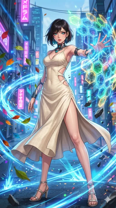 score_9, masterpiece, best quality, ultra-detailed, High-budget Anime Keyframe, beautiful Korean anime girl. Low angle cowboy shot filling the entire 9:16 frame with her statuesque presence. Summoning a shield made of hexagonal energy tiles in a futu