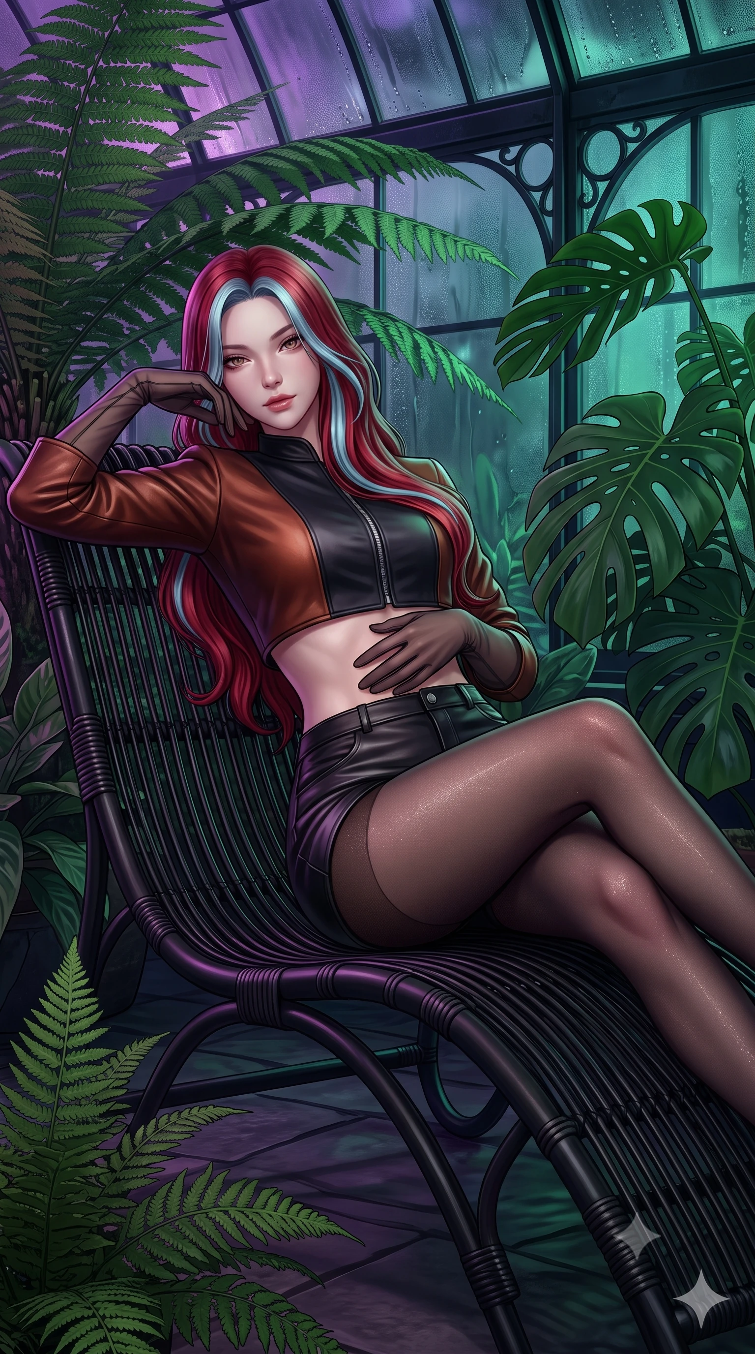 score_9, masterpiece, best quality, ultra-detailed, high-budget anime keyframe, semi-realistic 3D game render, editorial fashion photography, tasteful artistic composition, Caucasian woman. close-up cowboy shot from the waist and thighs up, the character dominates the composition, filling the frame with her large presence. leaning back against the leather lounge with relaxed seductive grace, one hand resting on her flat midriff as her narrow waist and curvy hips command the frame while sitting on a curved vintage black wicker lounger amidst giant prehistoric ferns, arching her back with an intoxicating, alluring expression. The surrounding environment is rendered in vivid detail and crisp panoramic clarity. sharp wrought-iron framework texture, exotic monstera leaf edges, and glass condensation beads in deep focus. She has an exceptionally elegant, slender, and willowy female figure with an ultra-slim waist, flat toned midriff, narrow ribcage, and sculpted feminine hips creating an alluring, slim hourglass silhouette without bulk. sharp v-shaped jawline, high-bridge nose, intricate jewel-like dark sparkling eyes with dangerous depth, thick curled eyelashes, glossy parted lips with a rich wine sheen, smoldering seductive half-smile with bedroom-eyes, exuding effortless superiority and intoxicating dark allure, flawlessly proportioned anatomical accuracy, strict slender model proportions, natural body alignment, perfectly sculpted long slender limbs, ultra-slim waistline, clean dynamic posture without body distortion. wearing a chic cropped lambskin leather bolero jacket paired with high-waisted leather micro-shorts and sheer black hosiery in dark burnt copper and matte black, woven from metallic lurex thread casting subtle starlight glints across the fabric, complemented by sheer dark opera gloves reaching past her elbows, the form-fitting cut adhering flawlessly to her sculpted flat midriff and slender torso, emphasizing her long leg lines and perfectly proportioned willowy build. bathed in moody ultraviolet and deep emerald ambient backlights filtering through soaring glass panes. highly saturated vibrant anime colors, detailed shading with soft gradients, rich glossy textures, high-contrast stereoscopic depth, volumetric dynamic lighting, master piece, 9:16 ratio