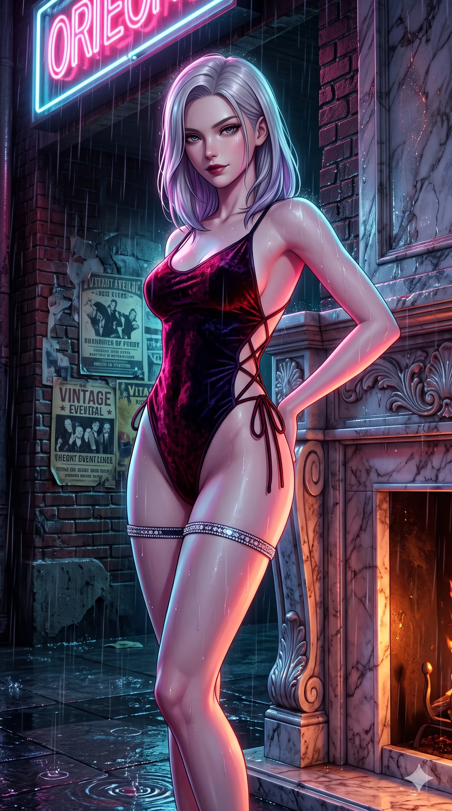 score_9, masterpiece, best quality, ultra-detailed, high-budget anime keyframe, semi-realistic 3D game render, editorial fashion photography, tasteful artistic composition, Caucasian woman. close-up cowboy shot from the waist and thighs up, the character dominates the composition, filling the frame with her large presence. standing poised beside a towering marble fireplace with hips cocked back, casting an alluring, sovereign gaze toward the viewer while pausing beneath an overhanging neon sign with hips cocked back, flashing a dangerous, flirtatious half-smile through falling raindrops. The surrounding environment is rendered in vivid detail and crisp panoramic clarity: sharp wet brick texture, peeling vintage event posters, and puddle splash ripples in deep focus. She has an exceptionally elegant, slender, and willowy female figure with an ultra-slim waist, flat toned midriff, narrow ribcage, and sculpted feminine hips creating an alluring, slim hourglass silhouette without bulk. sharp v-shaped jawline, high-bridge nose, intricate jewel-like dark sparkling eyes with dangerous depth, thick curled eyelashes, glossy parted lips with a rich wine sheen, smoldering seductive half-smile with bedroom-eyes, exuding effortless superiority and intoxicating dark allure, flawlessly proportioned anatomical accuracy, strict slender model proportions, natural body alignment, perfectly sculpted long slender limbs, ultra-slim waistline, clean dynamic posture without body distortion. wearing a low-slung cutaway leather bodysuit with bare hip flanks and criss-cross cord ties in Tokyo Tower scarlet crimson and midnight indigo, tailored from crushed dark velvet with deep light-absorbing plush texture, finished with delicate crystal-encrusted thigh garter straps glinting in the neon glare, the liquid-tight tailored fabric clinging flawlessly to her narrow waist and rounded feminine hips, emphasizing every millimeter of her sculpted slim hourglass curves without any bulky heaviness. illuminated by steam-lit ground bounce and sharp fuchsia-cyan rim lights defining her razor-sharp jawline, narrow waist, and curvy hips. highly saturated vibrant anime colors, detailed shading with soft gradients, rich glossy textures, high-contrast stereoscopic depth, volumetric dynamic lighting, master piece, 9:16 ratio