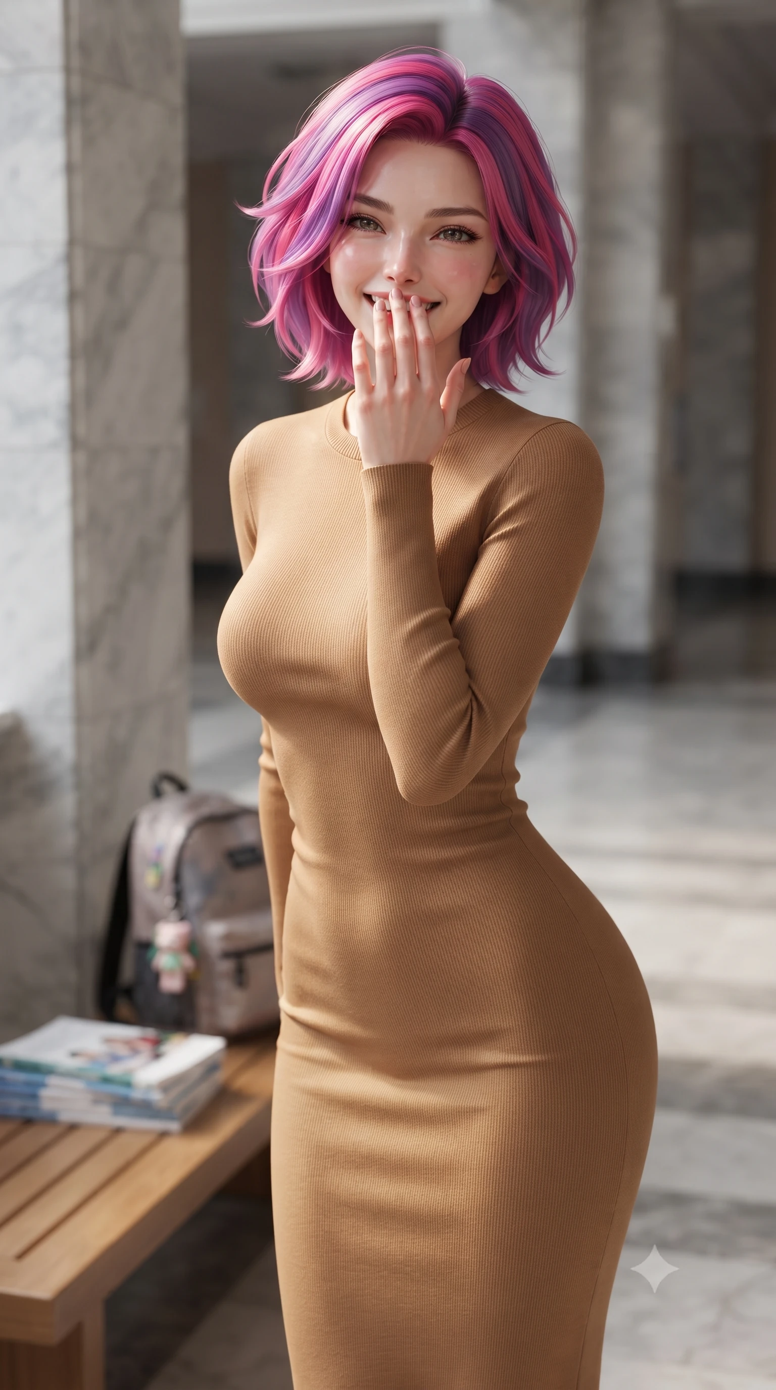 score_9, masterpiece, best quality, ultra-detailed, high-budget anime keyframe, editorial fashion photography, tasteful artistic composition, Caucasian woman. close-up cowboy shot from the waist and thighs up, the character dominates the composition, filling the frame with her large presence, background elements kept in soft focus. giggling cutely behind her hand, her eyes sparkling with joy and bright energy set against a soft-focus background of inside a spacious university auditorium hallway with marble columns and wooden benches with a pile of student brochures and a cute key ring on her backpack. She has an exceptionally elegant, slender, and willowy female figure with an ultra-slim waist, a gracefully sculpted slender torso, and a refined silhouette. sharp v-shaped jawline, high-bridge nose, intricate jewel-like eyes with depth, thick eyelashes, glossy lips with a natural sheen. wearing body-hugging sleek, body-hugging long-sleeve knit dress in camel, outlining her slender silhouette. cool morning sunlight creating a fresh, energetic ambiance. ultra-reflective glossy finish, specular highlights, metallic sheen, high-contrast stereoscopic depth, volumetric dynamic lighting, 2k, ultra detail, master piece, 9:16 ratio