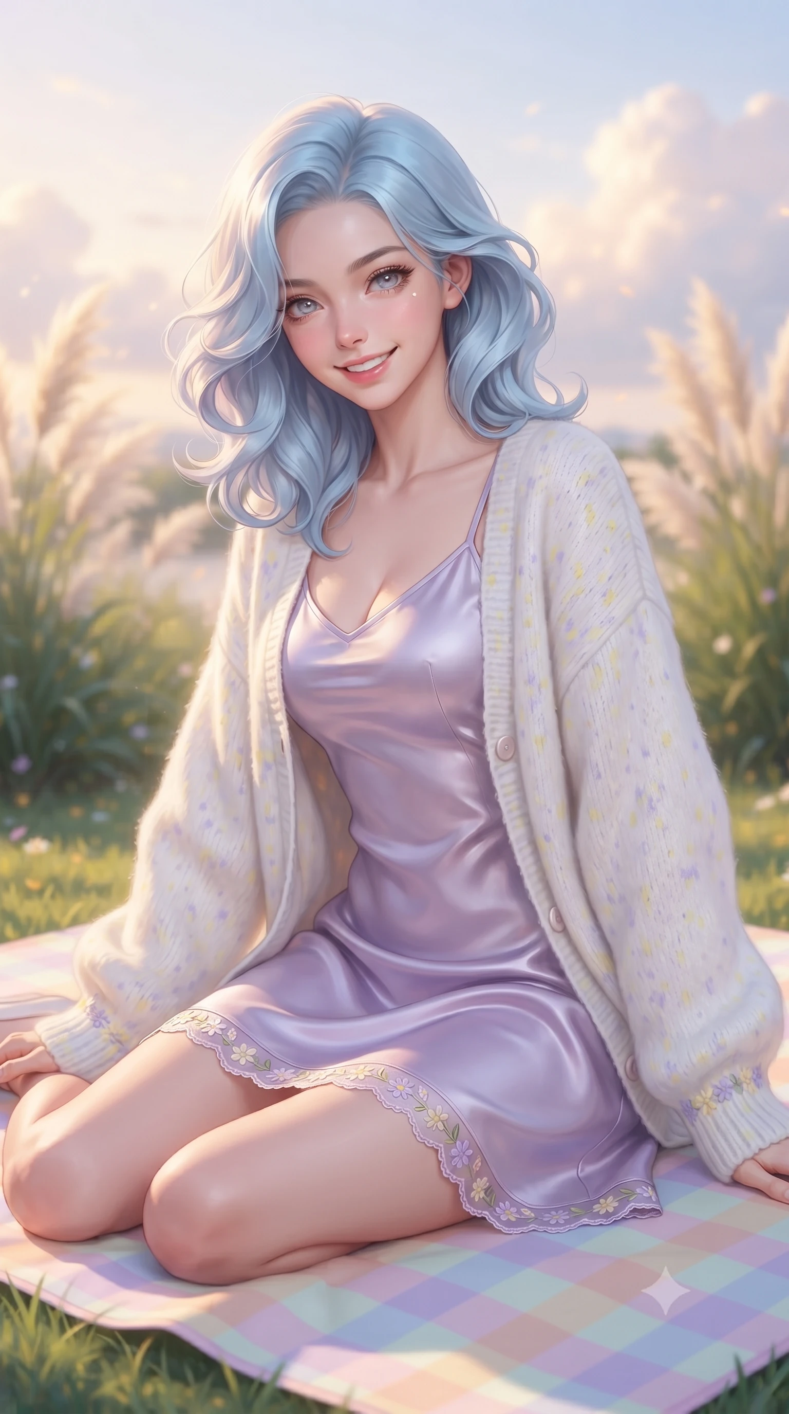 score_9, masterpiece, best quality, ultra-detailed, high-budget anime keyframe, editorial fashion photography, tasteful artistic composition, Korean woman. close-up cowboy shot from the waist and thighs up, the character dominates the composition, filling the frame with her large presence. Cheerful beaming smile with sparkling eyes and a fresh girlhood aura, leaning forward with playful grace while sitting gracefully on a pastel checkered picnic mat on a green riverfront lawn during golden hour. The composition keeps background elements in soft focus with dreamy bokeh. swaying pampas grass and glowing sunset clouds softened in a dreamy background focus. She has an exceptionally elegant, slender, and willowy female figure with an ultra-slim waist, a gracefully sculpted slender torso, and a refined silhouette. sharp v-shaped jawline, high-bridge nose, intricate jewel-like eyes with depth, thick eyelashes, glossy lips with a natural sheen, flawlessly proportioned anatomical accuracy, natural body alignment, perfectly sculpted elegant limbs, clean dynamic posture without body distortion. wearing a graceful lavender satin slip dress layered under a loose soft white knit cardigan in soft lemon yellow and lavender violet, crafted from soft breathable linen, complemented by delicate embroidered floral trim along the hem, the chic real-way fashion cut emphasizing her effortless charm. surrounded by a serene, uplifting, and romantic park ambiance. ultra-reflective glossy finish, specular highlights, metallic sheen, high-contrast stereoscopic depth, volumetric dynamic lighting, 2k, ultra detail, master piece, 9:16 ratio