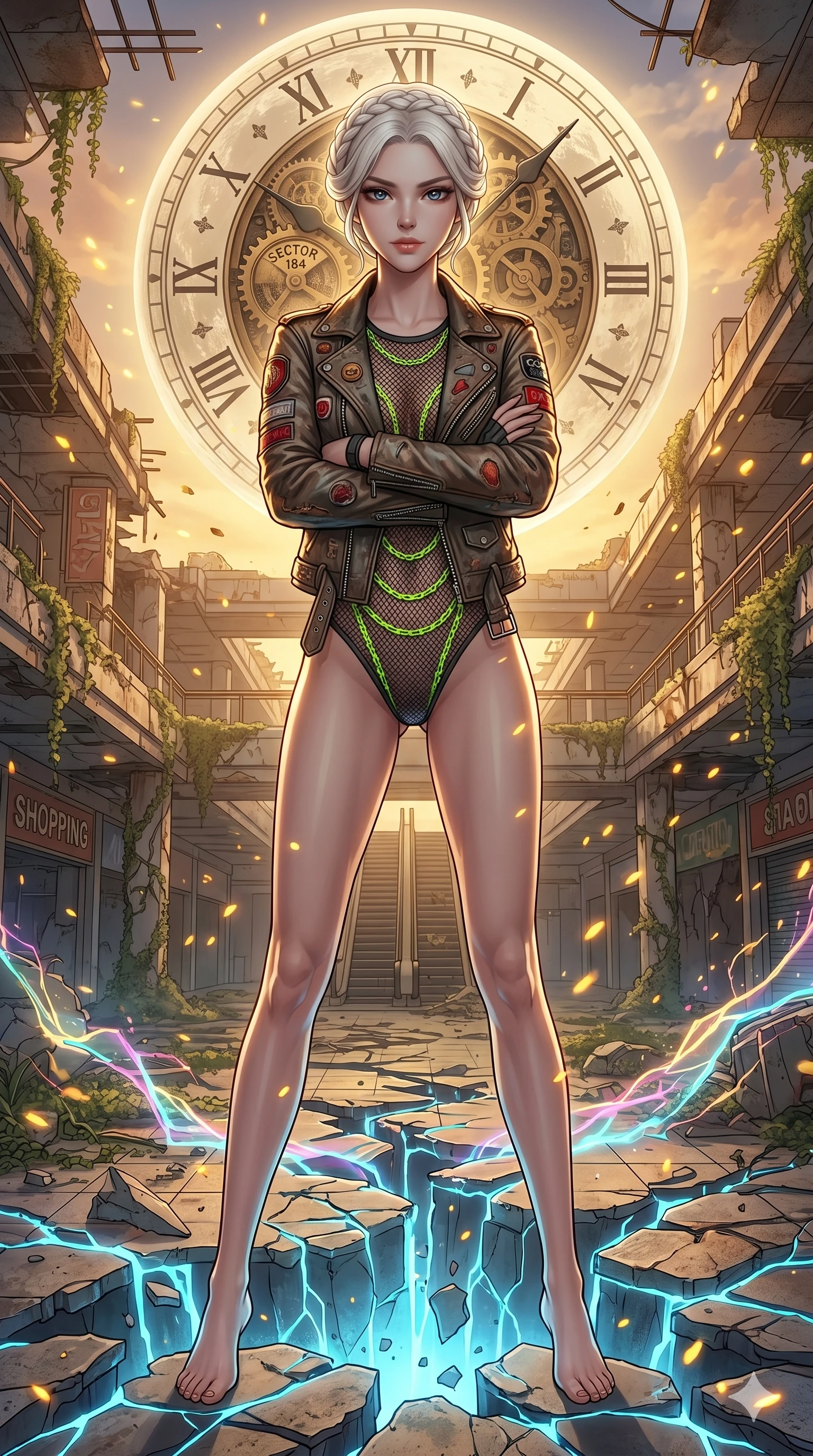 score_9, masterpiece, best quality, ultra-detailed, Set A: High-budget Anime Keyframe, Korean woman. Low angle cowboy shot filling the entire 9:16 frame with her statuesque presence. Theme: Ethereal Dream. shattering the fabric of reality in a ruined overgrown shopping mall, with a massive clockwork moon ticking behind her as sector 184. The atmosphere is filled with golden hour with floating embers. She has an absolutely perfect 8-heads proportion, an exceptionally tall and slender female figure with impossibly long slender legs and an ultra-slim waist. Sharp v-shaped jawline, high-bridge nose, intricate jewel-like eyes with depth, glossy lips. Wearing Distressed leather wasteland-rebel jacket over a neon-chained mesh bodysuit. Cinematic lighting, vivid colors, dramatic shadows, 2k, ultra detail, master piece, 9:16 ratio