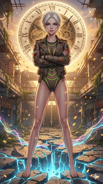 score_9, masterpiece, best quality, ultra-detailed, Set A: High-budget Anime Keyframe, Korean woman. Low angle cowboy shot filling the entire 9:16 frame with her statuesque presence. Theme: Ethereal Dream. shattering the fabric of reality in a ruined