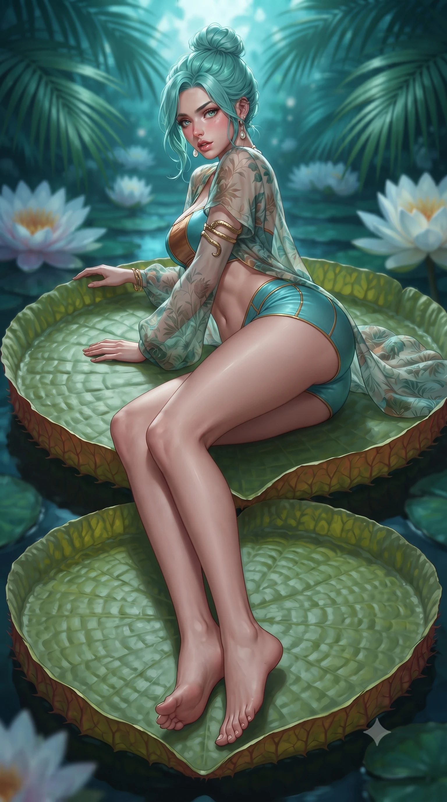 score_9, masterpiece, best quality, ultra-detailed, high-budget anime keyframe, editorial fashion photography, tasteful artistic composition, Japanese woman. low angle full-body shot from head to toe showing her feet, filling the entire 9:16 vertical frame with her statuesque presence, stretching her vertical silhouette. sitting perched on the elevated edge with hips angled toward the camera and legs crossed, displaying her toned midriff and flawlessly sculpted slender limbs while reclining face down atop a floating giant Victoria water lily pad with head turned toward the lens, legs playfully bent at the knees to highlight her hip silhouette. The composition keeps background elements in soft focus with creamy bokeh. towering exotic palm fronds and giant floating lily blossoms blurred into deep emerald, turquoise, and soft moonlight bokeh. She has an absolutely perfect, statuesque 8.5-heads proportion, an exceptionally tall and slender model-like female figure with impossibly long slender legs, a toned flat midriff, an ultra-slim waist, and beautifully sculpted feminine hips. sharp v-shaped jawline, high-bridge nose, intricate jewel-like eyes with depth, thick eyelashes, glossy parted lips with a natural sheen, intensely captivating and seductive bedroom-eyes expression, flawlessly proportioned anatomical accuracy, strict slender model proportions, natural body alignment, perfectly sculpted long slender limbs, ultra-slim waistline, clean dynamic posture without body distortion. wearing a sheer chiffon botanical coverup worn over a form-contouring gold-piped bandeau and micro-shorts in aquatic turquoise and molten bronze, crafted from second-skin supple lambskin leather with specular sheen, complemented by sculpted gold serpent armlets and pearl drop earrings, the second-skin form-contouring cut accentuating her sculpted flat midriff, narrow waistline, and dramatically curvy hips without adding bulk. surrounded by an otherworldly, sensual, and exquisitely pure water-lily nymph aura. ultra-reflective glossy finish, specular highlights, rich textural contrasts, high-contrast stereoscopic depth, volumetric dynamic lighting, 2k, ultra detail, master piece, 9:16 ratio