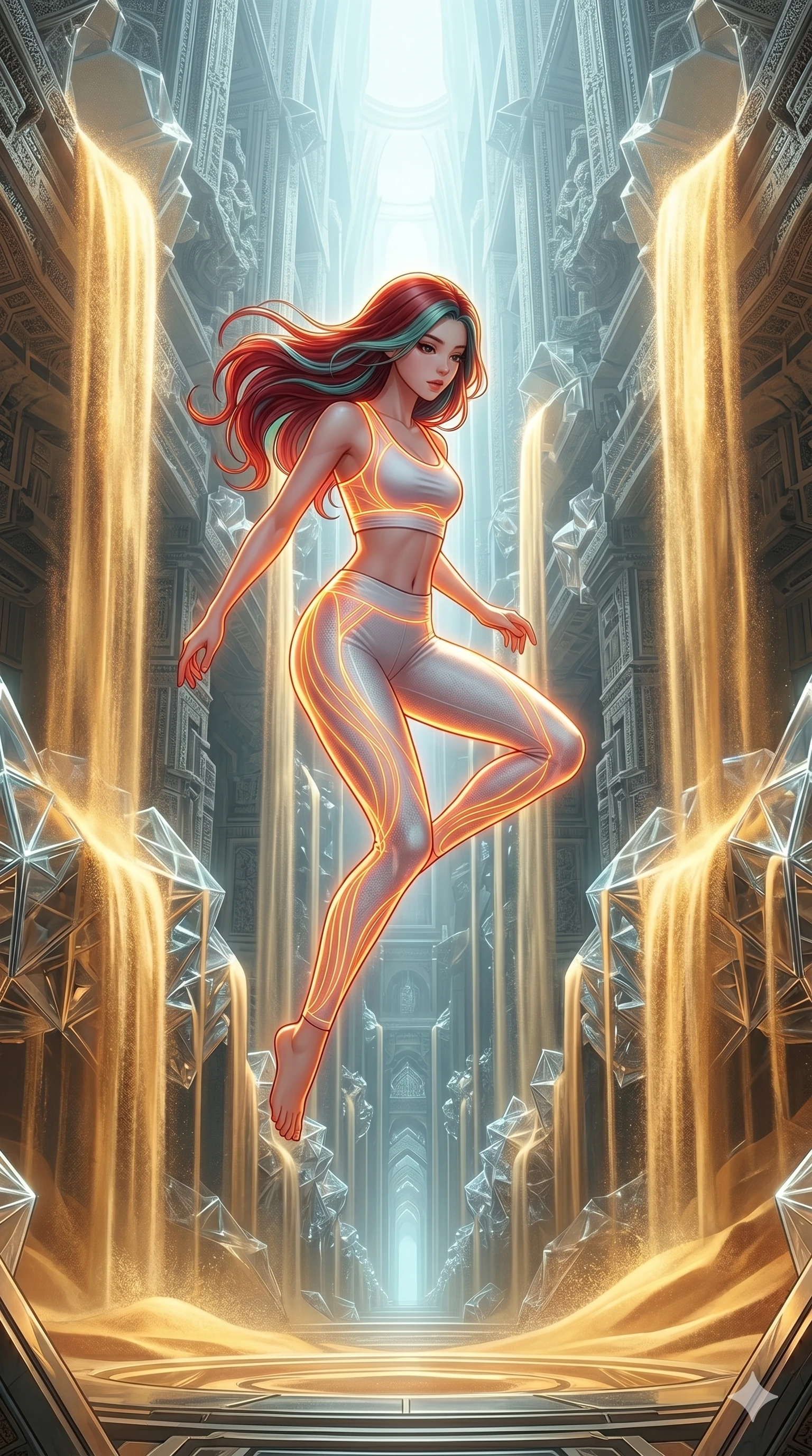 score_9, masterpiece, best quality, ultra-detailed, high-budget anime keyframe, Japanese woman. upper body close-up from the thighs up, character filling the screen for maximum presence. descending through a fractal quicksand temple where golden sand waterfalls transform into glass crystals, revealing intricate repeating patterns. She has an absolutely perfect 8-heads proportion, an exceptionally tall and slender female figure with impossibly long slender legs and an ultra-slim waist. V-shaped jawline, high-bridge nose, intricate jewel-like eyes with depth, thick eyelashes, glossy lips with a natural sheen.. wearing a neon filament athleisure set, featuring a tight white crop top and matching leggings woven with glowing orange neon filaments, highlighting her slender body contour. bathed in brilliant cinematic volumetric lighting and intense neon rim light highlighting her slender form. 2k, ultra detail, master piece, 9:16 ratio