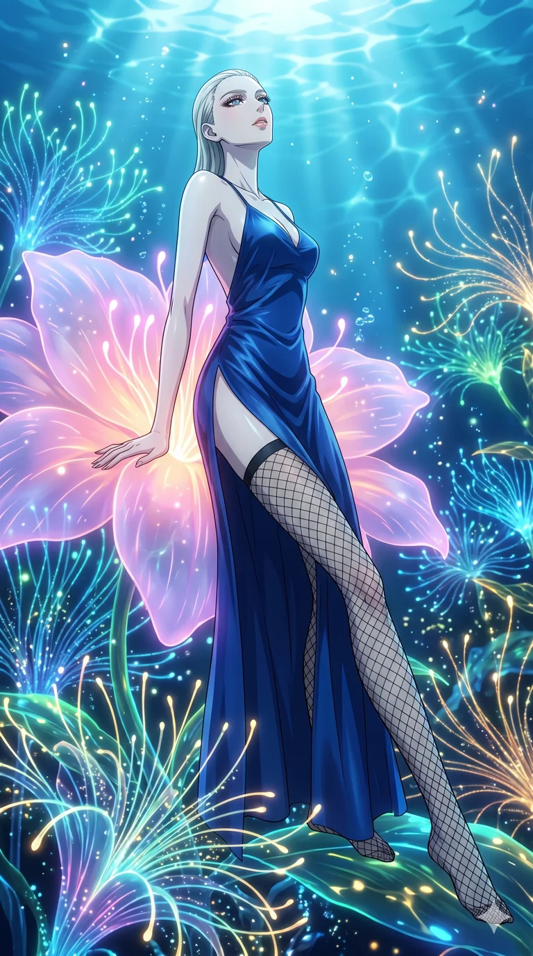 score_9, masterpiece, best quality, ultra-detailed, High-budget Anime Keyframe, vibrant colors, fluid line-art, expressive lighting, cinematic composition, Ufotable-style visual effects, top-tier animation quality, Caucasian woman with pale skin and refined features. Low angle cowboy shot filling the entire 9:16 frame with her statuesque presence, looking up to emphasize her height. Resting against a giant glowing flower that emits a soft, pulse-like light. She has an absolutely perfect 8-heads proportion, an exceptionally tall and slender female figure with impossibly long slender legs and an ultra-slim waist, her statuesque height and towering silhouette dominating the vertical 9:16 frame. Her face is a masterpiece featuring a sharp v-shaped jawline, high-bridge nose, intricate jewel-like eyes with depth, thick eyelashes, and glossy lips with a natural sheen. She is wearing a Backless silk slip dress with a dangerously high side slit and sensual fishnet stockings.. The scene is set in an underwater Eden where the plants are made of light and fiber-optics. 2k, ultra detail, master piece, 9:16 ratio