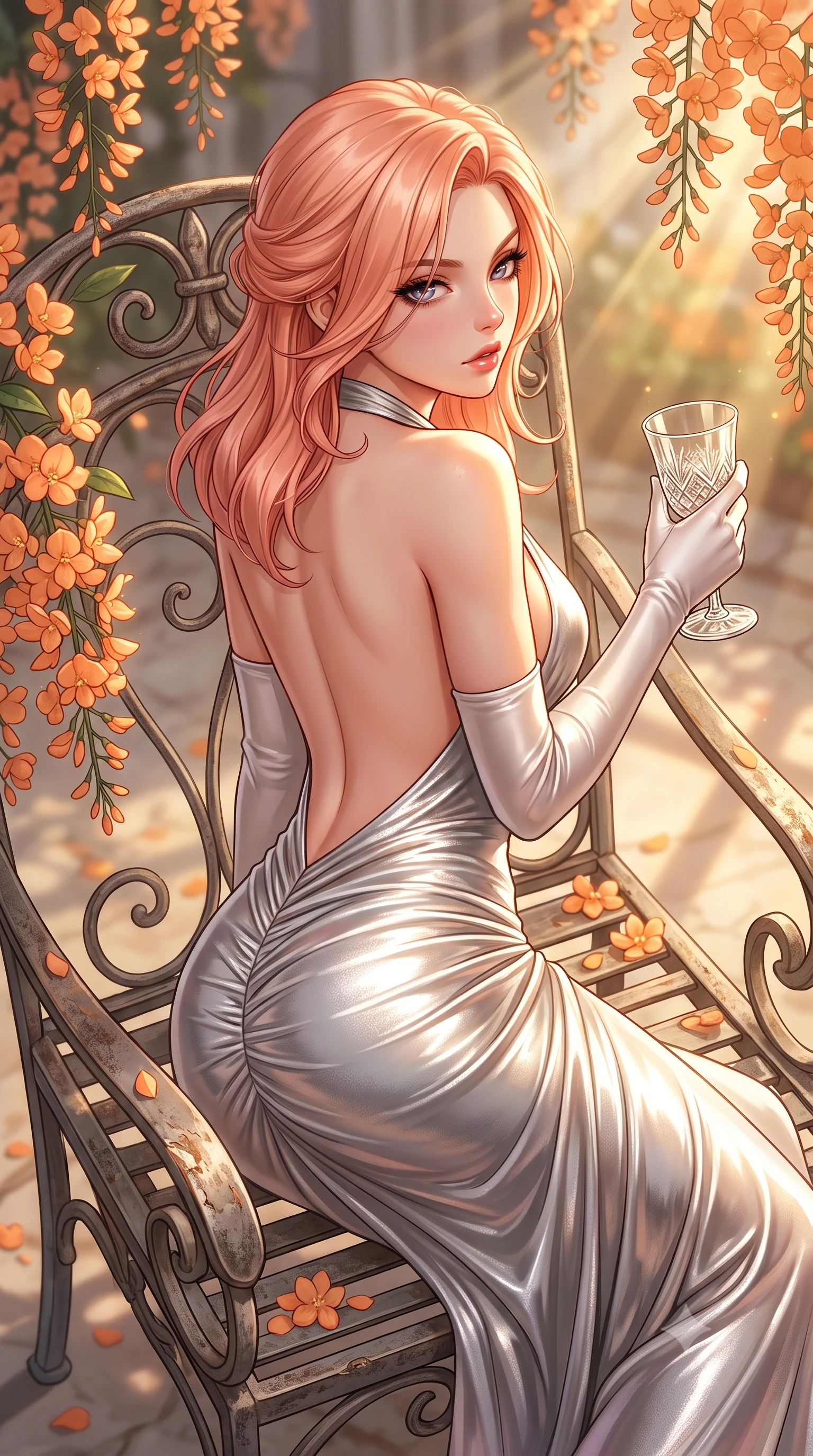 score_9, masterpiece, best quality, ultra-detailed, high-budget anime keyframe, semi-realistic 3D game render, editorial fashion photography, tasteful artistic composition, Japanese woman. close-up cowboy shot from the waist and thighs up, the character dominates the composition, filling the frame with her large presence. twisting her slender torso in a deep contrapposto stance, hips dramatically shifted to accentuate her feminine curves while looking past her shoulder with smoldering bedroom-eyes while reclining across a wrought-iron garden lounger surrounded by flowering orange blossoms, her flat midriff and feminine hips bathed in golden sunset rays. The composition keeps background elements in soft focus with creamy bokeh. sunbeams pouring through glass panes and orange blossom petals softened in elegant Austrian shallow focus. She has an exceptionally elegant, slender, and willowy female figure with an ultra-slim waist, flat toned midriff, narrow ribcage, and sculpted feminine hips creating an alluring, slim hourglass silhouette without bulk. sharp v-shaped jawline, high-bridge nose, intricate jewel-like eyes with depth, thick eyelashes, glossy parted lips with a natural sheen, intensely captivating and seductive bedroom-eyes expression, flawlessly proportioned anatomical accuracy, strict slender model proportions, natural body alignment, perfectly sculpted long slender limbs, ultra-slim waistline, clean dynamic posture without body distortion. wearing a plunging halter-neck metallic lamé column dress with a dramatic bare spine and hip-defining ruching in shimmering silver mercury and pearl white, crafted from luxurious metallic lamé that shifts radiance with every step, accessorized with opera-length satin gloves and a vintage crystal glass, the dramatically scooped open back descending to the base of her spine, accentuating her razor-sharp statuesque lines and slim hourglass silhouette. illuminated by warm marble floor bounce light contouring her sculpted collarbones, ultra-slim waist, and curvy hips. highly saturated vibrant anime colors, detailed shading with soft gradients, rich glossy textures, high-contrast stereoscopic depth, volumetric dynamic lighting, master piece, 9:16 ratio