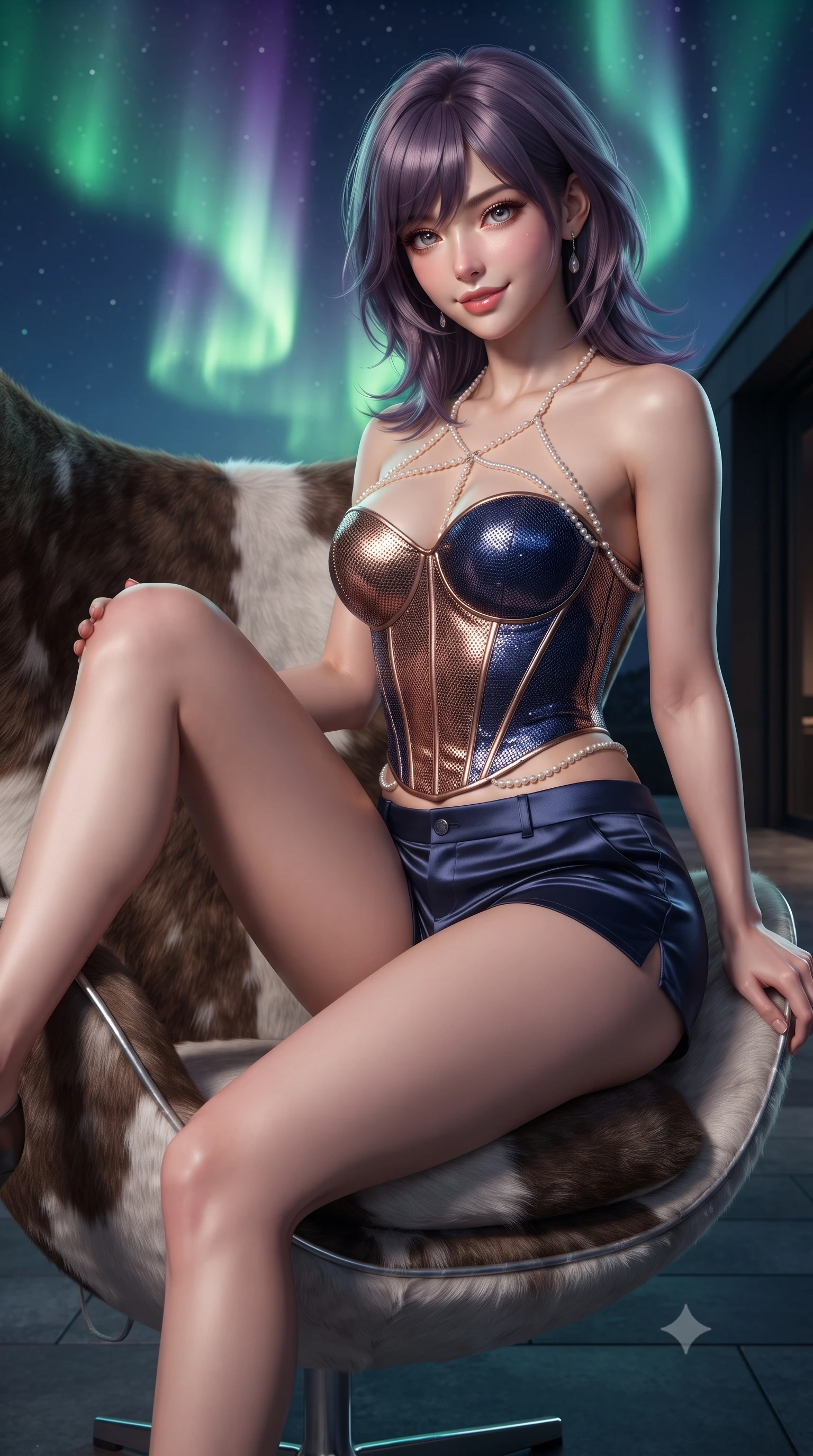 score_9, masterpiece, best quality, ultra-detailed, high-budget anime keyframe, editorial fashion photography, tasteful artistic composition, Japanese woman. close-up cowboy shot from the waist and thighs up, the character dominates the composition, filling the frame with her large presence. perched sideways on the lounge seat, one knee drawn up to showcase her slender leg line while her arched back accentuates her feminine hip curve while lounging in the reindeer-hide lined egg chair with one leg draped over the armrest, projecting magnetic sovereign confidence and sensual allure. The surrounding environment is rendered in vivid detail and crisp panoramic clarity: sharp heated dark slate paving texture, blackened architectural steel finishes, and natural reindeer pelt fur hair detail in deep focus. She has an exceptionally elegant, slender, and willowy female figure with an ultra-slim waist, flat toned midriff, narrow ribcage, and sculpted feminine hips creating an alluring, slim hourglass silhouette without bulk. sharp v-shaped jawline, high-bridge nose, sparkling eyes with hypnotic seductive depth, thick curled eyelashes, glossy parted lips with a natural dewy peach sheen, alluring bedroom-eyes with an enchanting coquettish smile, exuding magnetic siren charisma and sophisticated glamour, flawlessly proportioned anatomical accuracy, strict slender model proportions, natural body alignment, perfectly sculpted long slender limbs, ultra-slim waistline, clean dynamic posture without body distortion. wearing a strapless boned satin corset bodice paired with low-waisted tailored satin hot-pants in molten liquid bronze and deep sapphire navy, crafted from shimmering fluid chainmail mesh reflecting ambient lights, accented with a pearl-drop body harness subtly framing her dewy collarbones and spine, the form-contouring silhouette accentuating her sculpted flat midriff, narrow delicate ribcage, and gracefully curvy hips with intoxicating allure. bathed in the dynamic shifting glow of the aurora borealis illuminating the night sky with vibrant green and violet hues. ultra-reflective glossy finish, specular highlights, rich textural contrasts, high-contrast stereoscopic depth, volumetric dynamic lighting, 2k, ultra detail, master piece, 9:16 ratio