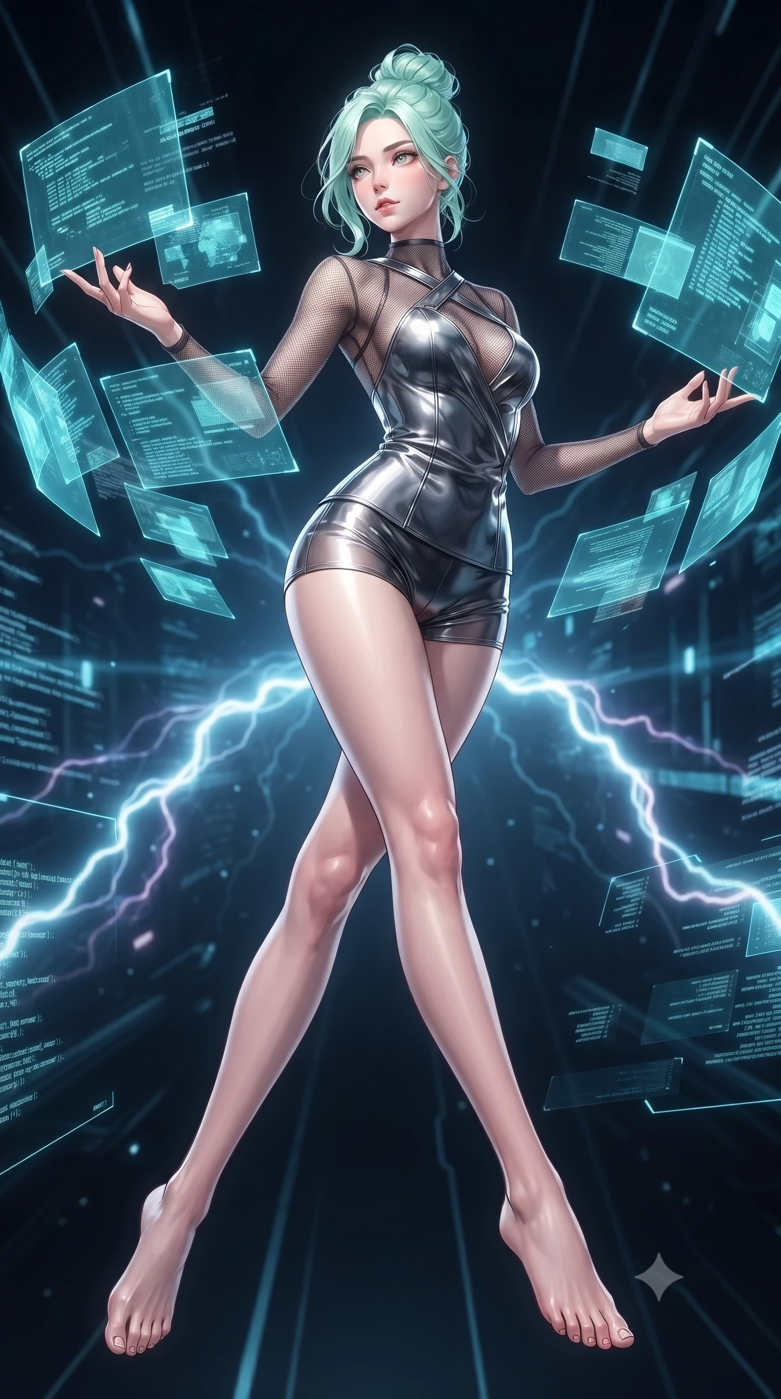 score_9, masterpiece, best quality, ultra-detailed, high-budget anime keyframe, editorial fashion photography, tasteful artistic composition, Japanese woman. low angle full-body shot from head to toe showing her feet, filling the entire 9:16 vertical frame with her statuesque presence, stretching her vertical silhouette. leaping gracefully through the environment with statuesque elegance and long slender legs manipulating floating translucent cyan hologram data shards in a void, glowing plasma arcs pulsating rhythmically in the background. She has an absolutely perfect, statuesque 8.5-heads proportion, an exceptionally tall and slender model-like female figure with impossibly long slender legs and an ultra-slim waist. sharp v-shaped jawline, high-bridge nose, intricate jewel-like eyes with depth, thick eyelashes, glossy lips with a natural sheen. wearing a chrome-plated structured bodice worn over a sheer mesh top and micro-shorts in charcoal grey and platinum, crafted from smooth liquid silk, complemented by criss-cross back straps highlighting her bare shoulders, the elegant draped fit framing her graceful clavicle and slender torso. surrounded by a crisp high-tech illumination highlighting every sleek curve. ultra-reflective glossy finish, specular highlights, metallic sheen, high-contrast stereoscopic depth, volumetric dynamic lighting, 2k, ultra detail, master piece, 9:16 ratio