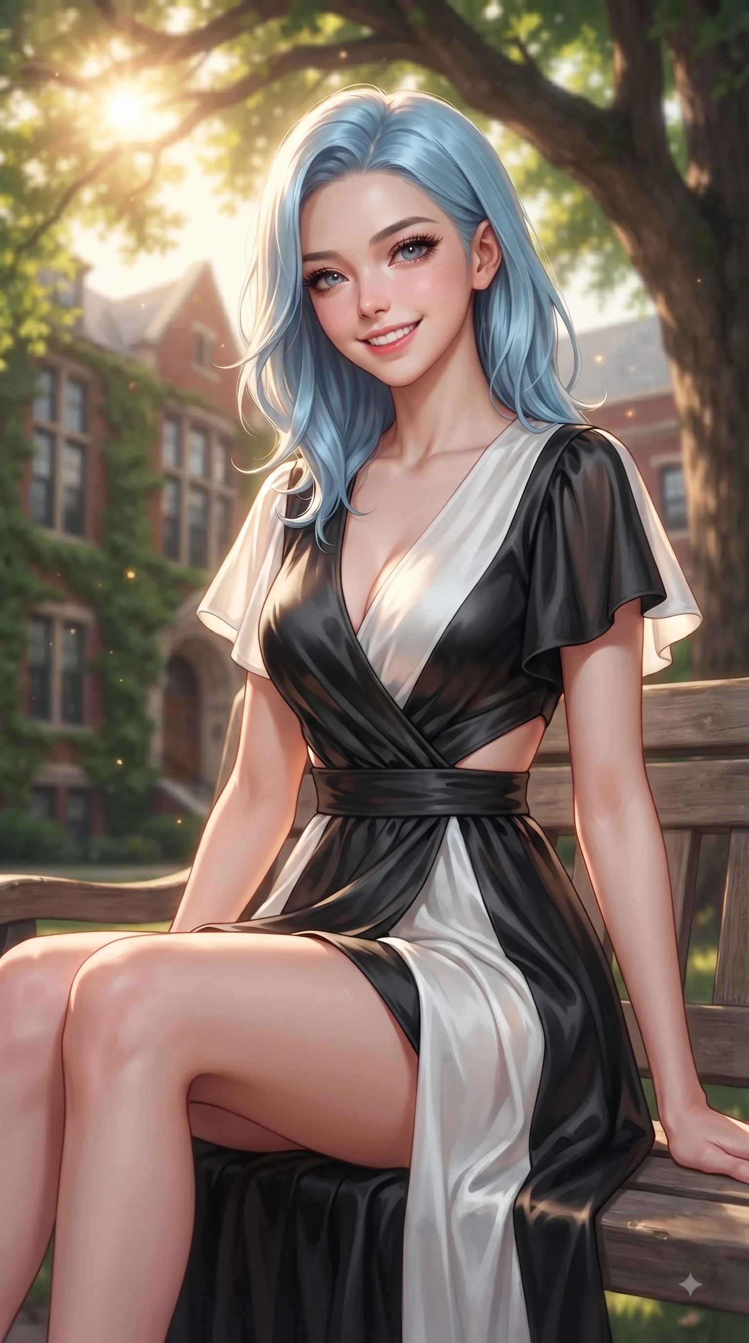 score_9, masterpiece, best quality, ultra-detailed, high-budget anime keyframe, editorial fashion photography, tasteful artistic composition, Korean woman. close-up cowboy shot from the waist and thighs up, the character dominates the composition, filling the frame with her large presence. Radiant youthful grin reflecting girlhood charm while casting a playful, joyful side-gaze with heavy lashes while sitting gracefully on a sunlit wooden bench under a towering oak tree on campus. The composition keeps background elements in soft focus with dreamy bokeh. ivy-covered red-brick academic halls and green leaf canopies blurred into soft background bokeh. She has an exceptionally elegant, slender, and willowy female figure with an ultra-slim waist, a gracefully sculpted slender torso, and a refined silhouette. sharp v-shaped jawline, high-bridge nose, intricate jewel-like eyes with depth, thick eyelashes, glossy lips with a natural sheen, flawlessly proportioned anatomical accuracy, natural body alignment, perfectly sculpted elegant limbs, clean dynamic posture without body distortion. wearing an elegant V-neck silk wrap dress with fluttery short sleeves and a cinched waist in sleek jet black and pure white contrast, crafted from lightweight fluid chiffon, complemented by clean architectural cutouts along her slender torso, the sleek second-skin texture accentuating her magnetic presence. illuminated by warm golden sunbursts and bright clear sky refractions. ultra-reflective glossy finish, specular highlights, metallic sheen, high-contrast stereoscopic depth, volumetric dynamic lighting, 2k, ultra detail, master piece, 9:16 ratio