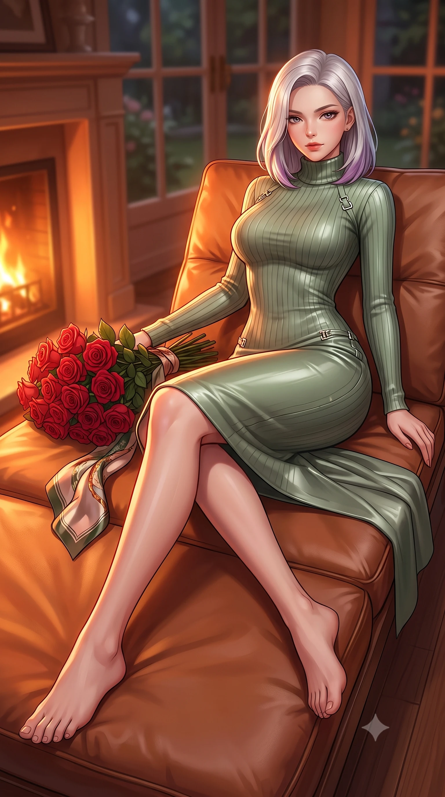 score_9, masterpiece, best quality, ultra-detailed, high-budget anime keyframe, editorial fashion photography, tasteful artistic composition, Caucasian woman. low angle full-body shot from head to toe showing her feet, filling the entire 9:16 vertical frame with her statuesque presence, stretching her vertical silhouette. relaxing on a sunbed with relaxed elegance, her slender figure stretching out gracefully under the warm glow set against a soft-focus background of inside an exclusive sunroom alcove with a bouquet of crimson roses and a silk scarf resting on the leather seat. She has an absolutely perfect, statuesque 8.5-heads proportion, an exceptionally tall and slender model-like female figure with impossibly long slender legs and an ultra-slim waist. sharp v-shaped jawline, high-bridge nose, intricate jewel-like eyes with depth, thick eyelashes, glossy lips with a natural sheen. wearing body-hugging sage green glossy leather form-fitting ribbed knit turtleneck dress outlining her slender silhouette accented with delicate silver hardware. bathed in cozy, flickering fireplace light that paints the room in a warm orange wash. highly saturated vibrant anime colors, detailed shading with soft gradients, rich glossy textures, high-contrast stereoscopic depth, volumetric dynamic lighting, master piece, 9:16 ratio