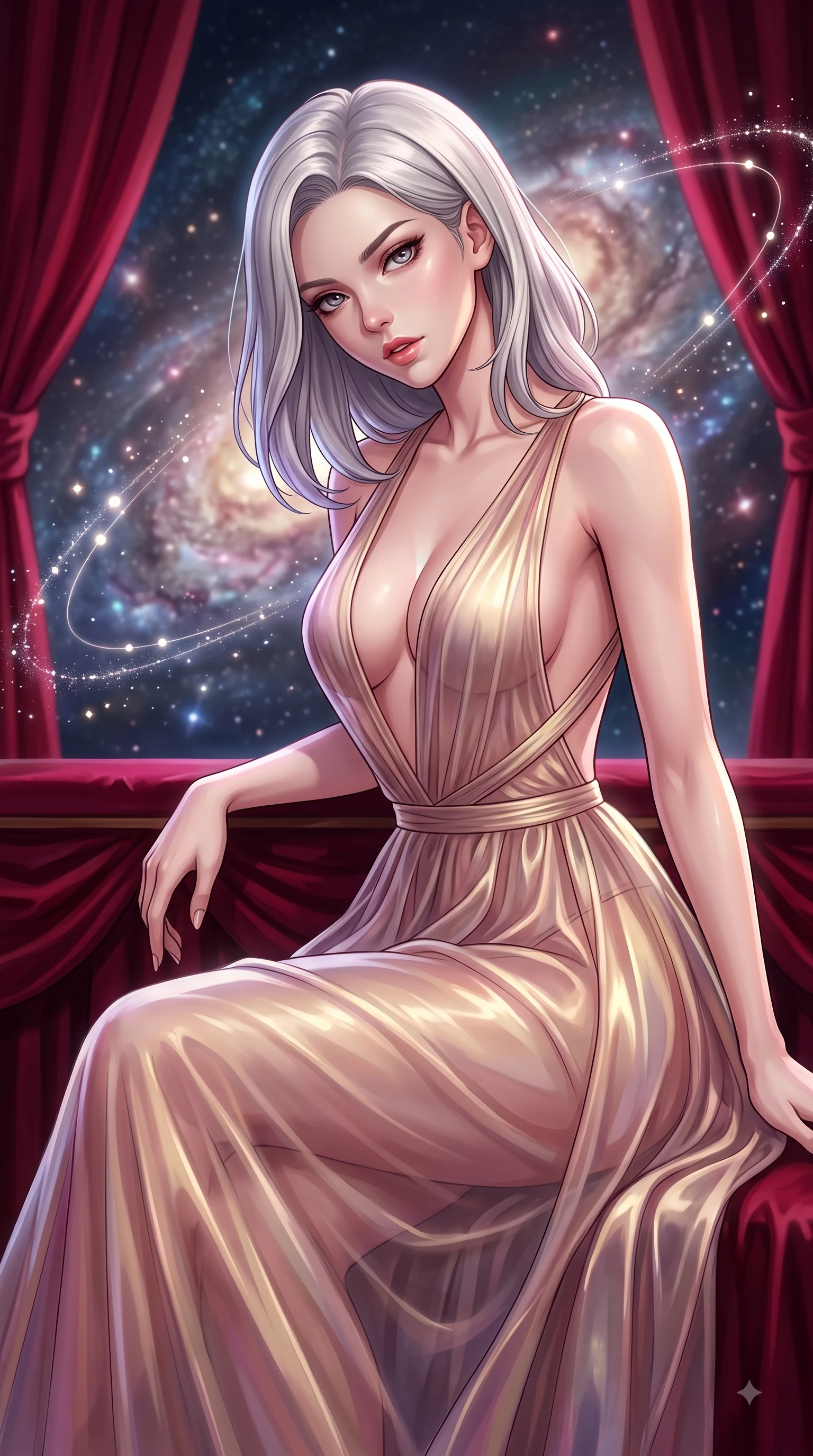 score_9, masterpiece, best quality, ultra-detailed, high-budget anime keyframe, editorial fashion photography, tasteful artistic composition, Caucasian woman. close-up cowboy shot from the waist and thighs up, the character dominates the composition, filling the frame with her large presence, background elements kept in soft focus. Leaning forward gracefully with lips parted, casting a smoldering magnetic gaze directly into the lens while sitting in a private opera box draped in crimson velvet, gazing over a swirling cosmic nebula, floating starlight dust drifting around her in dynamic orbital paths. She has an exceptionally elegant, slender, and willowy female figure with an ultra-slim waist, a gracefully sculpted slender torso, and a refined silhouette. sharp v-shaped jawline, high-bridge nose, intricate jewel-like eyes with depth, thick eyelashes, glossy lips with a natural sheen, flawlessly proportioned anatomical accuracy, natural body alignment, perfectly sculpted elegant limbs, clean dynamic posture without body distortion. wearing a translucent iridescent chiffon gown with a plunging neckline and open back in dusty rose and champagne gold, woven from fine semi-opaque sheer organza, complemented by criss-cross back straps highlighting her bare shoulders, the sleek second-skin texture accentuating her magnetic presence. surrounded by an opulent, dramatic opera box atmosphere with deep chiaroscuro. highly saturated vibrant anime colors, detailed shading with soft gradients, rich glossy textures, high-contrast stereoscopic depth, volumetric dynamic lighting, master piece, 9:16 ratio