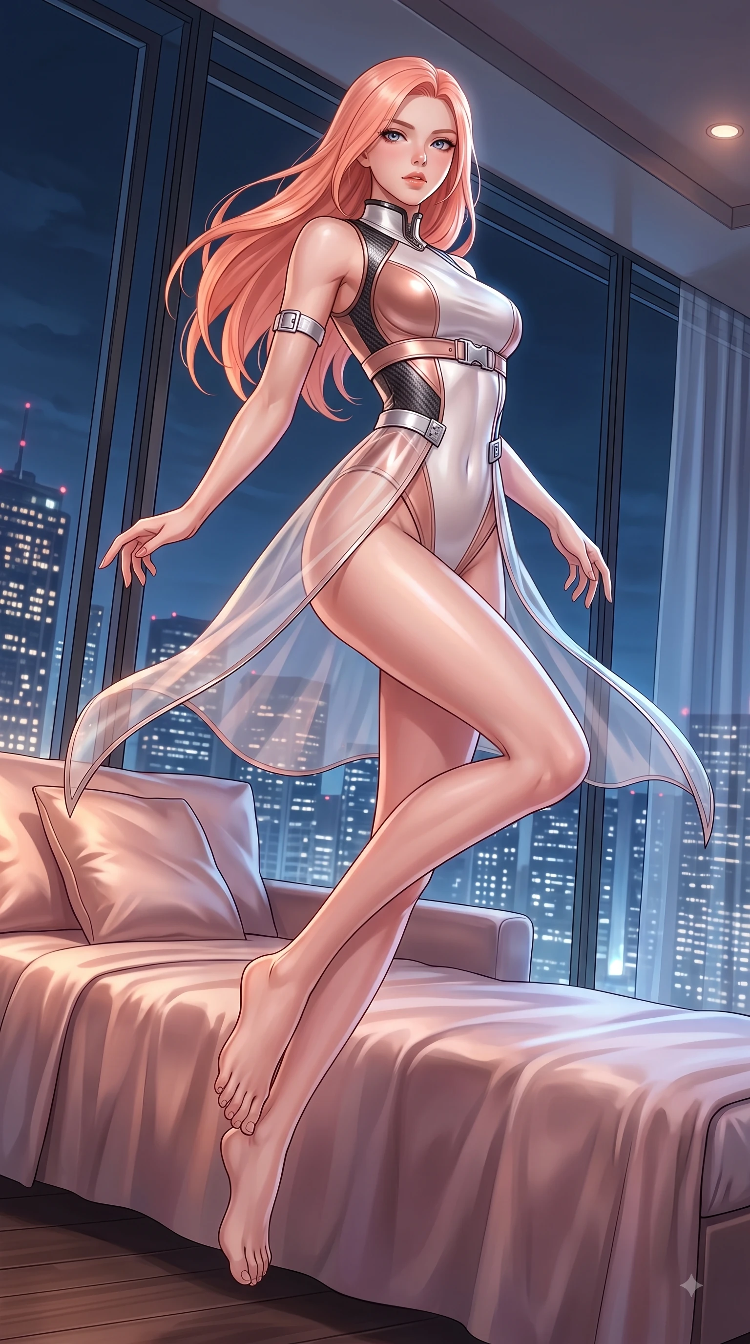 score_9, masterpiece, best quality, ultra-detailed, high-budget anime keyframe, editorial fashion photography, tasteful artistic composition, Japanese woman. low angle full-body shot from head to toe showing her feet, filling the entire 9:16 vertical frame with her statuesque presence, stretching her vertical silhouette. performing an athletic mid-air rotation with flawless poise, her vertical silhouette beautifully stretched while lounging in an alluring S-curve pose on a plush silk daybed in a penthouse over city lights, glistening city lights twinkling softly through floor-to-ceiling glass in the background. She has an absolutely perfect, statuesque 8.5-heads proportion, an exceptionally tall and slender model-like female figure with impossibly long slender legs and an ultra-slim waist. sharp v-shaped jawline, high-bridge nose, intricate jewel-like eyes with depth, thick eyelashes, glossy lips with a natural sheen, flawlessly proportioned anatomical accuracy, natural body alignment, perfectly sculpted elegant limbs, clean dynamic posture without body distortion. wearing a semi-opaque sheer overlay dress over a leather micro-bodysuit in pearl white and rose gold, made of fine carbon-fiber weave and soft matte leather, detailed with polished silver buckles along the waistline, the sleek second-skin texture accentuating her magnetic presence. illuminated by glowing hearth embers and dramatic city night rim light. highly saturated vibrant anime colors, detailed shading with soft gradients, rich glossy textures, high-contrast stereoscopic depth, volumetric dynamic lighting, master piece, 9:16 ratio