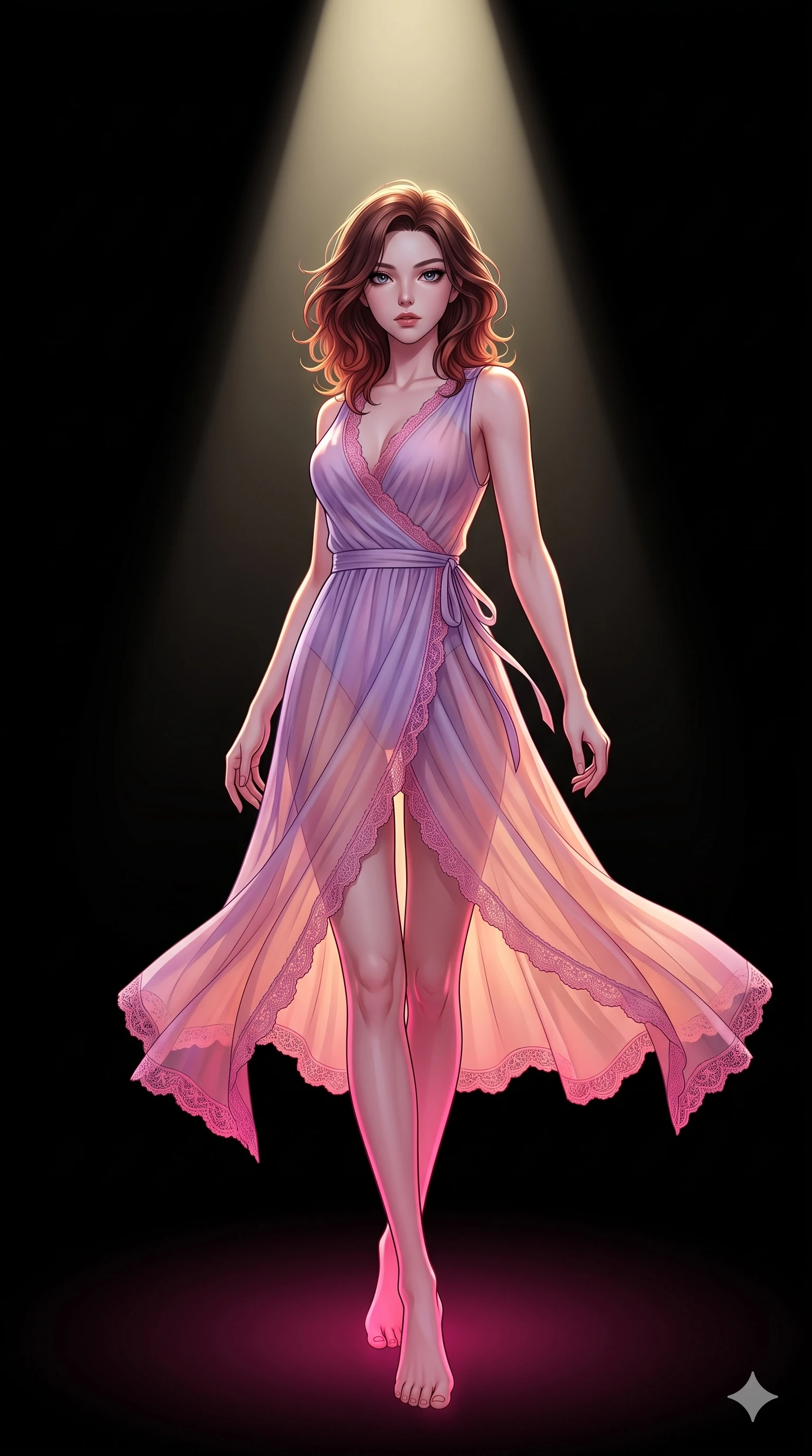 score_9, masterpiece, best quality, ultra-detailed, high-budget anime keyframe, editorial fashion photography, tasteful artistic composition, Korean woman. low angle full-body shot from head to toe showing her feet, filling the entire 9:16 vertical frame with her statuesque presence, stretching her vertical silhouette. navigating with fluid motion through a pure dramatic infinite black void with nothing but a single powerful cinematic spotlight creating a perfect cone of light and stark absolute contrast between illumination and total darkness. She has a statuesque 8.5-heads proportion, an exceptionally tall, slender and willowy model-like build with impossibly long legs and a highly sculpted ultra-slim waist. sharp v-shaped jawline, high-bridge nose, intricate jewel-like eyes with depth, thick eyelashes, glossy lips with a natural sheen. wearing a translucent chiffon wrap dress in a lavender-to-peach gradient, revealing her slender silhouette with every movement, detailed with pink lace. dramatic contrast of hot pink furnace glow from below and cool golden light from above. 2k, ultra detail, master piece, 9:16 ratio