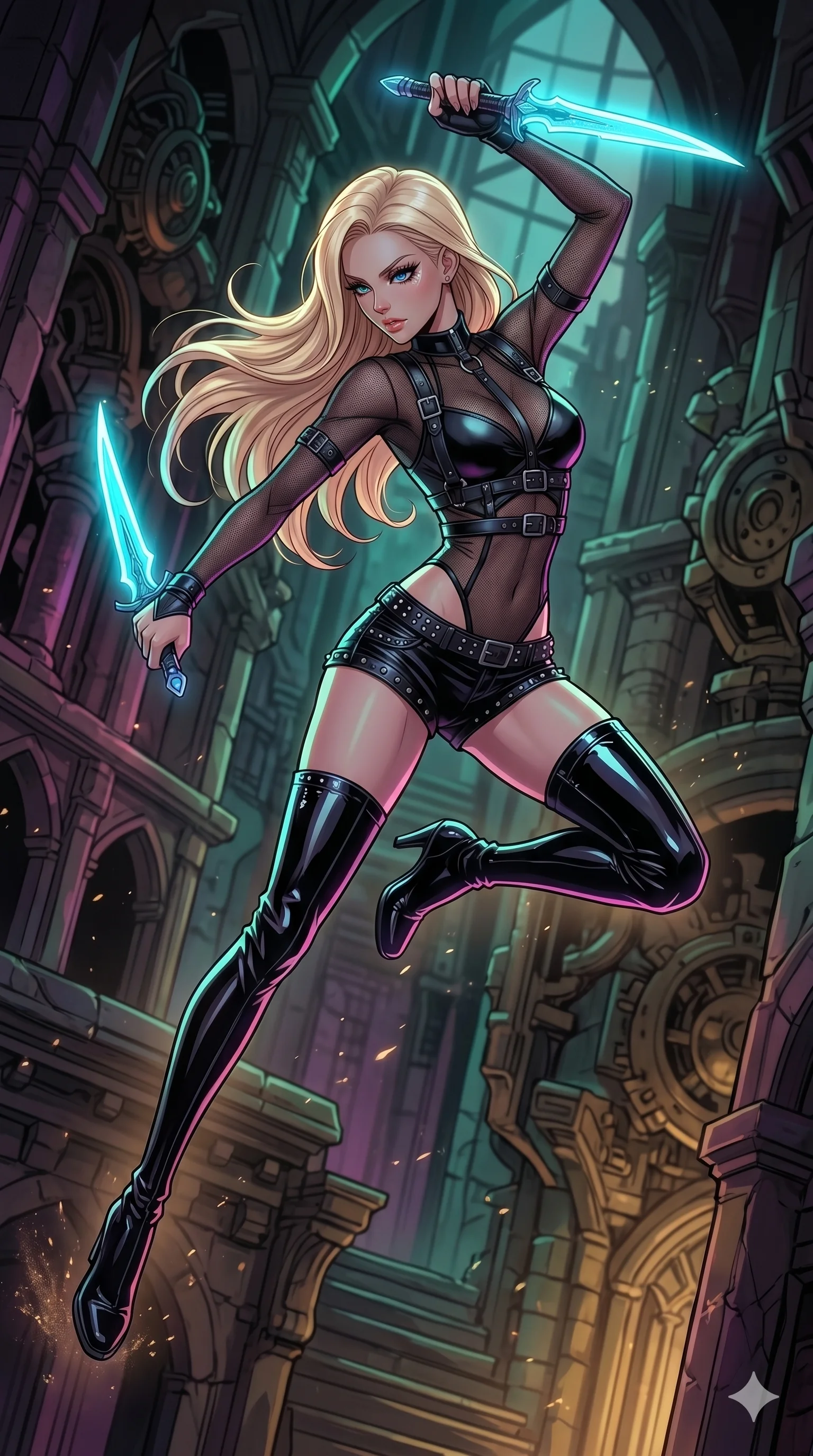 score_9, masterpiece, best quality, ultra-detailed, high-budget anime movie keyframe, cinematic anime lighting, intricate line art, Japanese woman. Mid-air action shot capturing a graceful twist and vertical silhouette. lunging from the shadows with a pair of glowing daggers. She has an absolutely perfect 8-heads proportion, an exceptionally tall and slender female figure with an ultra-slim waist and impossibly long slender legs. strictly human anatomy, two legs only, no extra limbs, clearly defined legs and arms, perfect anatomy, perfect hands and fingers. sharp v-shaped jawline, high-bridge nose, intricate jewel-like eyes, thick eyelashes, glossy lips. Wearing K-Idol Stage: Leather harness over mesh, high-cut bodysuit, studded micro-shorts, and thigh-high patent boots. The scene is illuminated by dramatic atmospheric lighting and vibrant color palettes. , 2k, ultra detail, master piece, 9:16 ratio