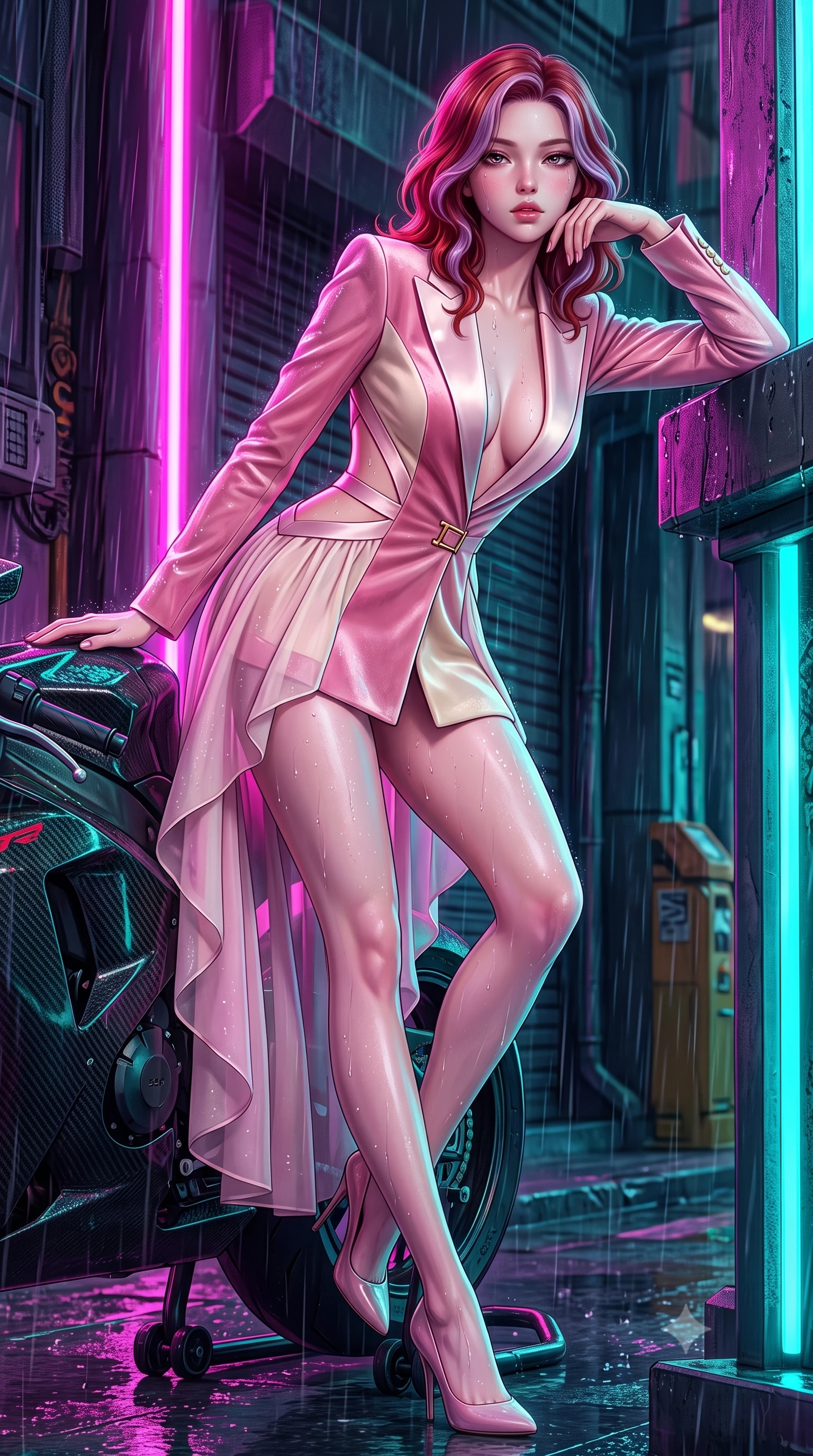 score_9, masterpiece, best quality, ultra-detailed, high-budget anime keyframe, semi-realistic 3D game render, editorial fashion photography, tasteful artistic composition, Caucasian woman. low angle full-body shot from head to toe showing her feet, filling the entire 9:16 vertical frame with her statuesque presence, stretching her vertical silhouette. leaning deep against the structural architecture with hips cocked in an unapologetically bold, seductive high-fashion stance while reclining casually against a rain-drenched carbon fiber bike stand propped on one elbow, her slender waist and curved hips sculpted by neon chiaroscuro. The surrounding environment is rendered in vivid detail and crisp panoramic clarity. detailed wet-look garment sheen, water droplet beads on skin, and cybernetic street texture in high clarity. She has an exceptionally tall and slender model-like 8.5-heads proportion, an ultra-slim waist, a flat toned midriff, narrow delicate ribcage, and beautifully sculpted feminine hips creating a graceful, slim hourglass silhouette without any bulky heaviness, with impossibly long slender legs. sharp v-shaped jawline, high-bridge nose, intricate jewel-like eyes with depth, thick eyelashes, glossy parted lips with a natural sheen, intensely captivating and seductive bedroom-eyes expression, flawlessly proportioned anatomical accuracy, strict slender model proportions, natural body alignment, perfectly sculpted long slender limbs, ultra-slim waistline, clean dynamic posture without body distortion. wearing a tailored velvet tuxedo jacket dress with satin lapels, worn with a deep plunge neckline and gold hip buckle in sakura blossom pink and warm ivory, woven from layered gossamer chiffon with a weightless sweeping drape, finished with criss-cross back satin straps highlighting her graceful shoulder blades, the precision-cut side openings and low-back scoop framing her graceful spine and the sensual sweep of her slim, toned hips. bathed in high-contrast electric magenta and turquoise neon edge lights contrasting with rain-soaked shadow tones. highly saturated vibrant anime colors, detailed shading with soft gradients, rich glossy textures, high-contrast stereoscopic depth, volumetric dynamic lighting, master piece, 9:16 ratio