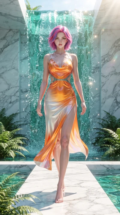 score_9, masterpiece, best quality, ultra-detailed, high-budget anime keyframe, editorial fashion photography, tasteful artistic composition, Caucasian woman. low angle full-body shot from head to toe showing her feet, filling the entire 9:16 vertica