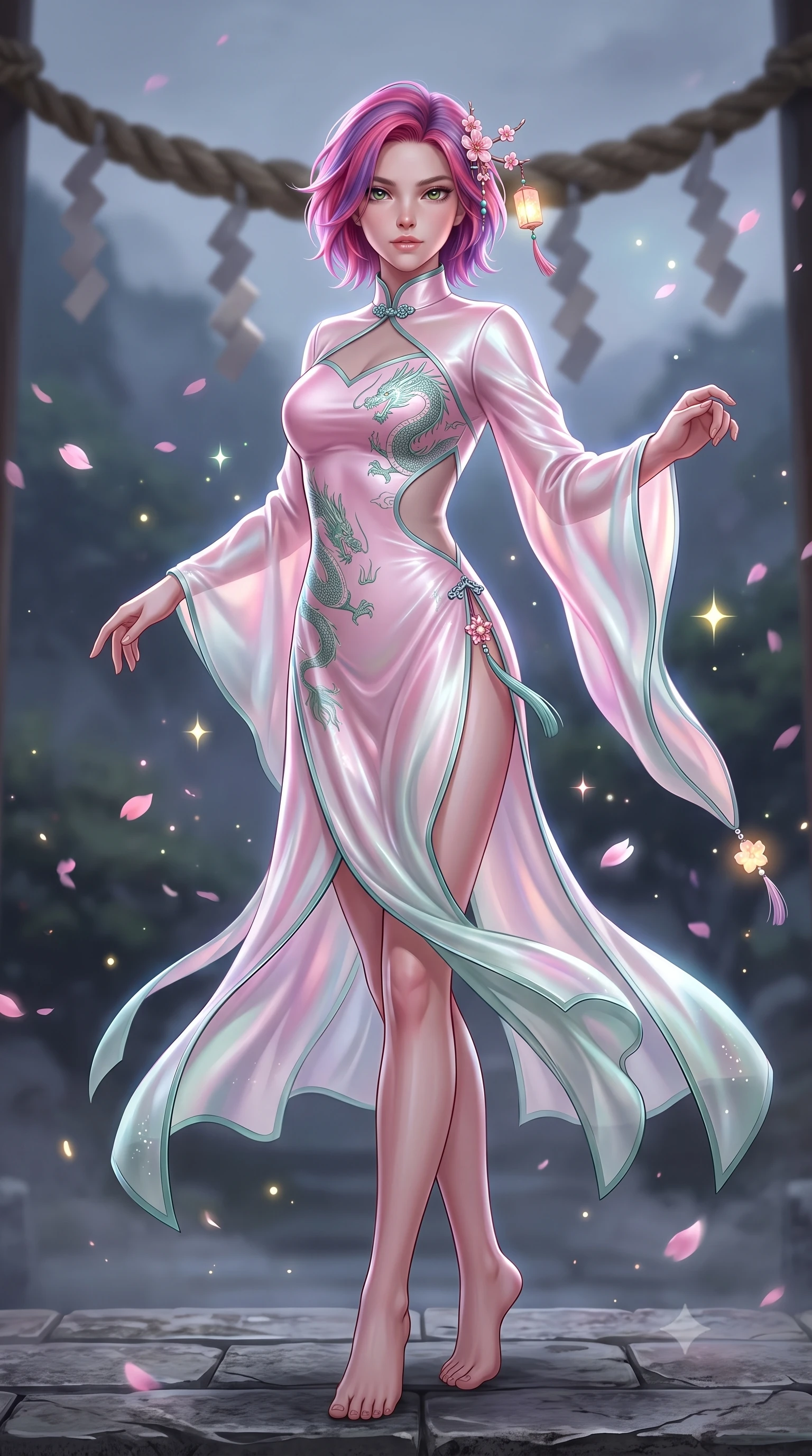 score_9, masterpiece, best quality, ultra-detailed, high-budget anime keyframe, semi-realistic 3D game render, editorial fashion photography, tasteful artistic composition, Caucasian woman. low angle full-body shot from head to toe showing her feet, filling the entire 9:16 vertical frame with her statuesque presence, stretching her vertical silhouette. executing an elegant mid-motion spin with effortless grace, her garments fluttering softly around her ultra-slim waistline while pivoting dynamically as sacred shimenawa ropes sway in the mountain wind, her flowing silk sleeves catching the celestial glow. The composition keeps background elements in soft focus with creamy bokeh. drifting sakura petals and floating star particles scattering magical glowing light motes. She has an absolutely perfect, statuesque 8.5-heads proportion, an exceptionally tall and slender model-like female figure with impossibly long slender legs, a toned flat midriff, and an ultra-slim waist. sharp v-shaped jawline, high-bridge nose, intricate jewel-like eyes with depth, thick eyelashes, glossy lips with a natural sheen, captivating and magnetic expression, flawlessly proportioned anatomical accuracy, strict slender model proportions, natural body alignment, perfectly sculpted long slender limbs, ultra-slim waistline, clean dynamic posture without body distortion. wearing a dragon-embroidered silk cheongsam modern dress with asymmetrical sheer mesh cutouts and high Mandarin collar in lotus petal pink and jade mist, crafted from traditional Korean gossamer silk organza with pearlescent luster, accessorized with delicate cherry blossom hairpins and glowing paper lantern charms, the sleek tailored cut tightly hugging her graceful clavicle, narrow waist, and feminine curves with statuesque precision. illuminated by crisp directional rim lighting accentuating her slender curves, bare spine, and flowing robes. highly saturated vibrant anime colors, detailed shading with soft gradients, rich glossy textures, high-contrast stereoscopic depth, volumetric dynamic lighting, master piece, 9:16 ratio