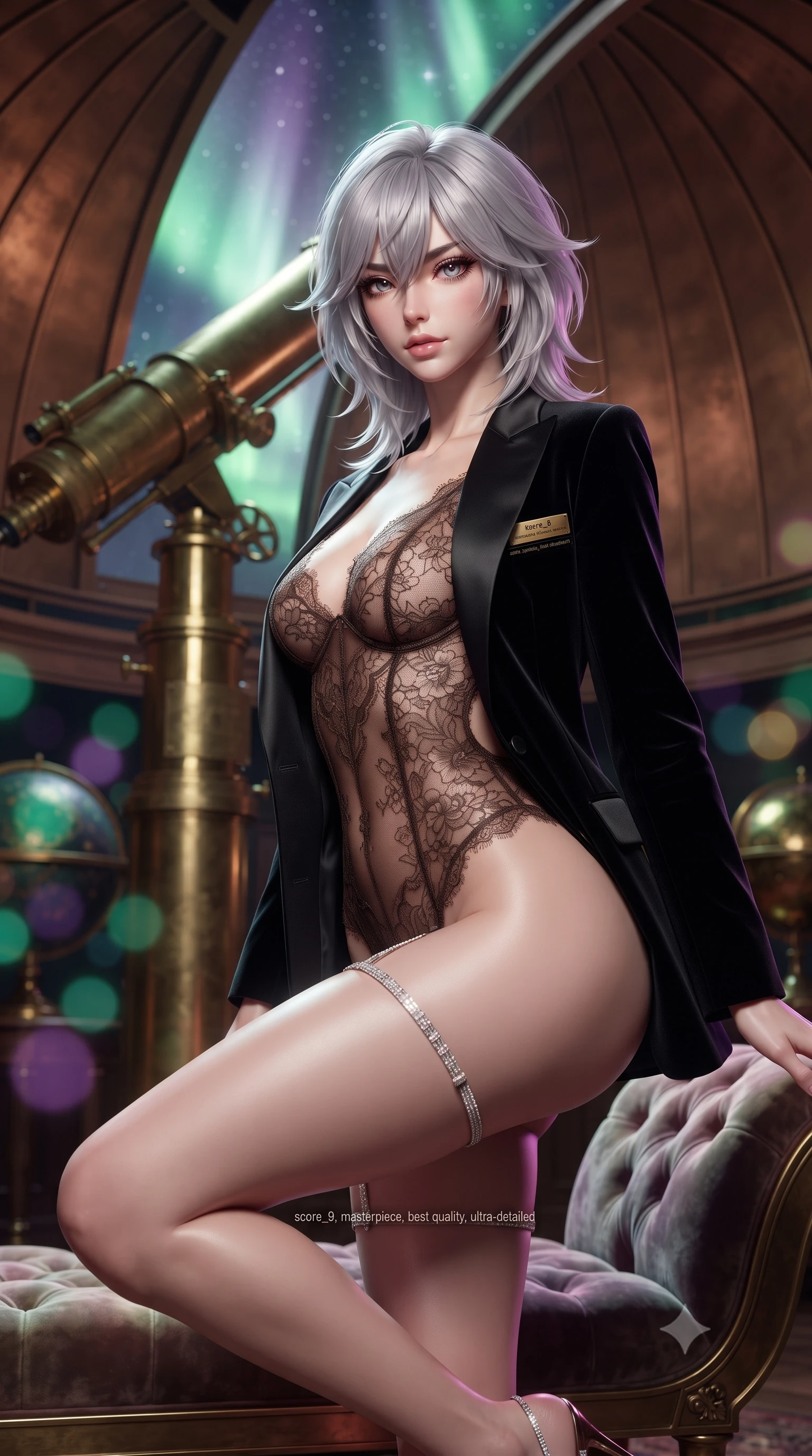 score_9, masterpiece, best quality, ultra-detailed, high-budget anime keyframe, editorial fashion photography, tasteful artistic composition, Japanese woman. close-up cowboy shot from the waist and thighs up, the character dominates the composition, filling the frame with her large presence. perched sideways on the lounge seat, one knee drawn up to showcase her slender leg line while her arched back accentuates her feminine hip curve while standing beside the monumental brass telescope beneath the open dome slit, arching her spine with breathtaking celestial allure. The background shows a soft-focus swirling green and violet northern lights across the starry sky, curved copper dome interior, and brass celestial globes blurred into emerald, amethyst, and gold bokeh. She has an exceptionally elegant, slender, and willowy female figure with an ultra-slim waist, flat toned midriff, narrow ribcage, and sculpted feminine hips creating an alluring, slim hourglass silhouette without bulk. sharp v-shaped jawline, high-bridge nose, sparkling eyes with hypnotic seductive depth, thick curled eyelashes, glossy parted lips with a natural dewy peach sheen, alluring bedroom-eyes with an enchanting coquettish smile, exuding magnetic siren charisma and sophisticated glamour, flawlessly proportioned anatomical accuracy, strict slender model proportions, natural body alignment, perfectly sculpted long slender limbs, ultra-slim waistline, clean dynamic posture without body distortion. wearing a delicate sheer floral lace teddy layered under an open tailored black tuxedo blazer draped over bare shoulders in sultry espresso bronze and metallic copper with velvet sheen, made of delicate semi-sheer French Chantilly lace with intricate eyelash edges, finished with delicate crystal-encrusted thigh garter straps glinting under the lights, the precision-cut side openings and low-back scoop framing her graceful spine and the sensual sweep of her slim, toned hips. illuminated by brass tube specular highlights and sharp cyan-magenta rim lights defining her delicate clavicles, ultra-slim waist, and curvy hips. ultra-reflective glossy finish, specular highlights, rich textural contrasts, high-contrast stereoscopic depth, volumetric dynamic lighting, 2k, ultra detail, master piece, 9:16 ratio