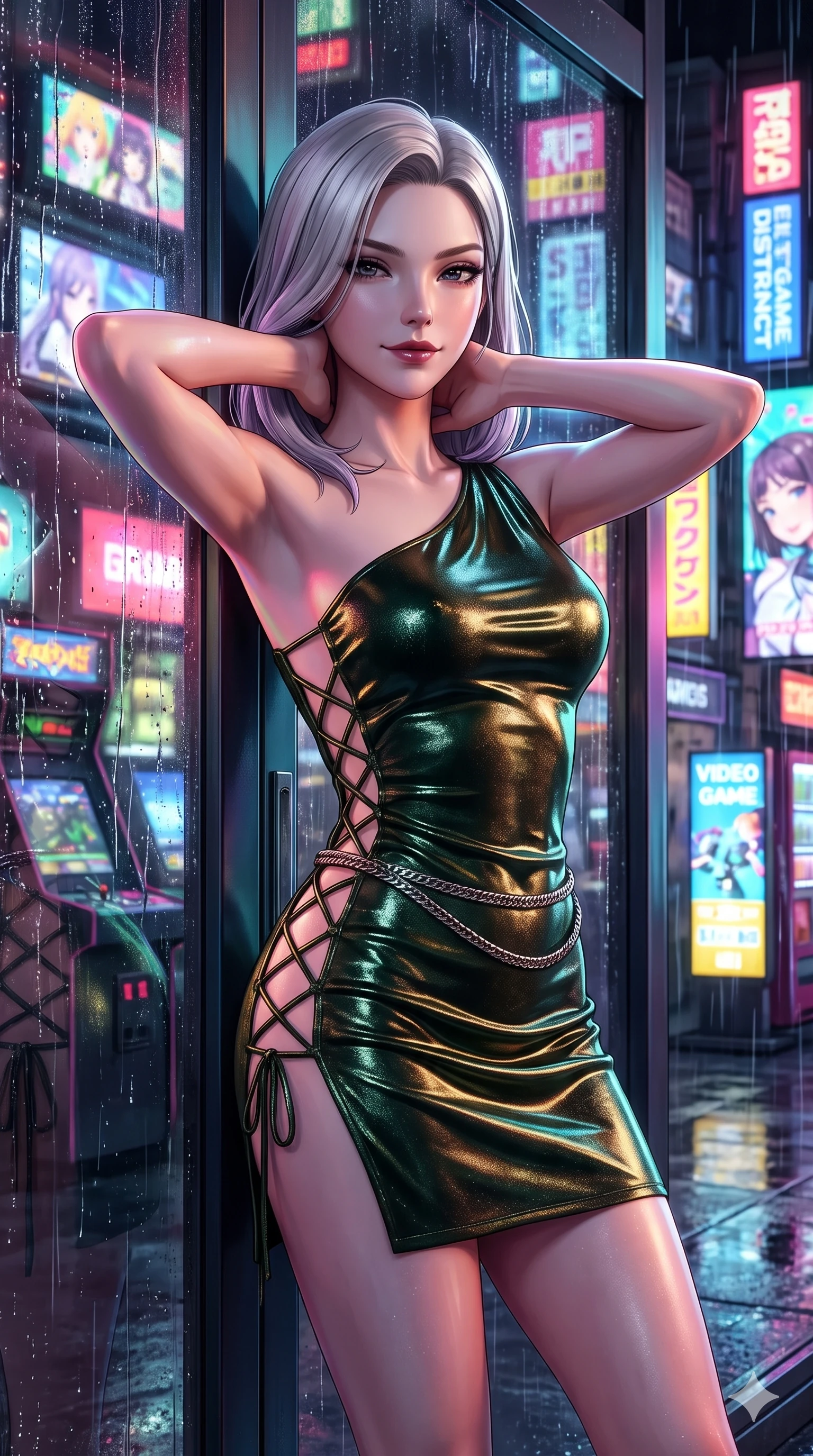 score_9, masterpiece, best quality, ultra-detailed, high-budget anime keyframe, semi-realistic 3D game render, editorial fashion photography, tasteful artistic composition, Caucasian woman. close-up cowboy shot from the waist and thighs up, the character dominates the composition, filling the frame with her large presence. resting both hands lightly behind her neck with elbows raised, arching her spine to highlight her narrow waist, flat midriff, and breathtaking collarbones while leaning against the wet arcade glass entrance beneath glowing anime neon signs, head tilted with a playful, flirtatious smile. The surrounding environment is rendered in vivid detail and crisp panoramic clarity: detailed liquid vinyl mini dress cling, snake chain belt, and electronic district textures in razor-sharp precision. She has an exceptionally elegant, slender, and willowy female figure with an ultra-slim waist, flat toned midriff, narrow ribcage, and sculpted feminine hips creating an alluring, slim hourglass silhouette without bulk. sharp v-shaped jawline, high-bridge nose, intricate jewel-like dark sparkling eyes with dangerous depth, thick curled eyelashes, glossy parted lips with a rich wine sheen, smoldering seductive half-smile with bedroom-eyes, exuding effortless superiority and intoxicating dark allure, flawlessly proportioned anatomical accuracy, strict slender model proportions, natural body alignment, perfectly sculpted long slender limbs, ultra-slim waistline, clean dynamic posture without body distortion. wearing an asymmetric one-shoulder metallic patent leather mini dress with a dramatic side slit hugging her hips in deep velvet forest green and antique brass, woven from metallic lurex thread casting subtle starlight glints across the fabric, featuring fine criss-cross lace-up side ties revealing tantalizing glimpses of her hip curve, the form-fitting cut adhering flawlessly to her sculpted flat midriff and slender torso, emphasizing her long leg lines and perfectly proportioned willowy build. bathed in ultra-saturated rainbow neon glow from illuminated signboards and video screens. highly saturated vibrant anime colors, detailed shading with soft gradients, rich glossy textures, high-contrast stereoscopic depth, volumetric dynamic lighting, master piece, 9:16 ratio