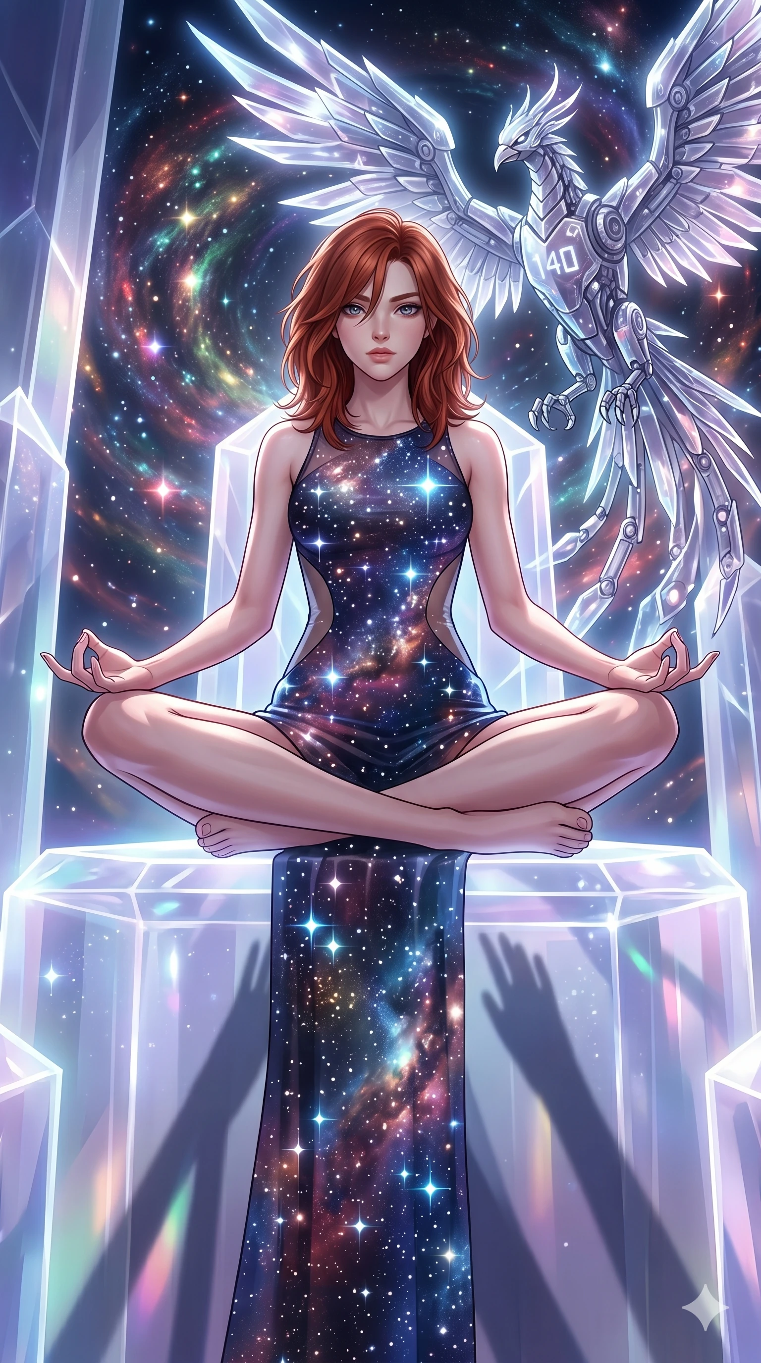score_9, masterpiece, best quality, ultra-detailed, Set A: High-budget Anime Keyframe, Caucasian (human ears) woman. Low angle cowboy shot filling the entire 9:16 frame with her statuesque presence. Theme: Abstract Cosmic. meditating in a temple made of solid light, while a mechanical phoenix rises in the background marked 140. The atmosphere is filled with a swirling vortex of stars. She has an absolutely perfect 8-heads proportion, an exceptionally tall and slender female figure with impossibly long slender legs and an ultra-slim waist. Sharp v-shaped jawline, high-bridge nose, intricate jewel-like eyes with depth, glossy lips. Wearing Galaxy-print bodycon dress with real glowing star-points and sheer side panels. Cinematic lighting, vivid colors, dramatic shadows, 2k, ultra detail, master piece, 9:16 ratio