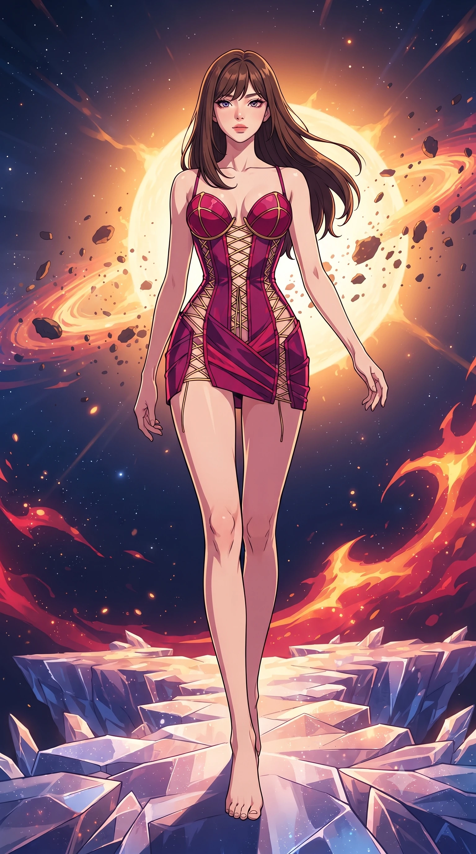 score_9, masterpiece, best quality, ultra-detailed, high-budget anime keyframe, gorgeous anime illustration, artistic 2d flat cel-shaded style, Korean woman. low angle full-body shot from head to toe showing her feet, filling the entire 9:16 vertical frame with her statuesque presence, stretching her vertical silhouette. navigating with fluid motion through on a platform made of solid crystallized light floating at the edge of a dying star, waves of gold and crimson stellar fire rippling through the void, cosmic debris orbiting the blinding core. She has a statuesque 8.5-heads proportion, an exceptionally tall, slender and willowy model-like build with impossibly long legs and a highly sculpted ultra-slim waist. sharp v-shaped jawline, high-bridge nose, intricate jewel-like eyes with depth, thick eyelashes, glossy lips with a natural sheen. wearing a deconstructed corset dress in deep magenta with exposed gold lacing and structured crimson cups. intense, dramatic warm golden-orange key light from the supernova flare contrasted with deep blue-violet space shadows. 2k, ultra detail, master piece, 9:16 ratio, vibrant anime color palette, flat color shading, 2d animation style